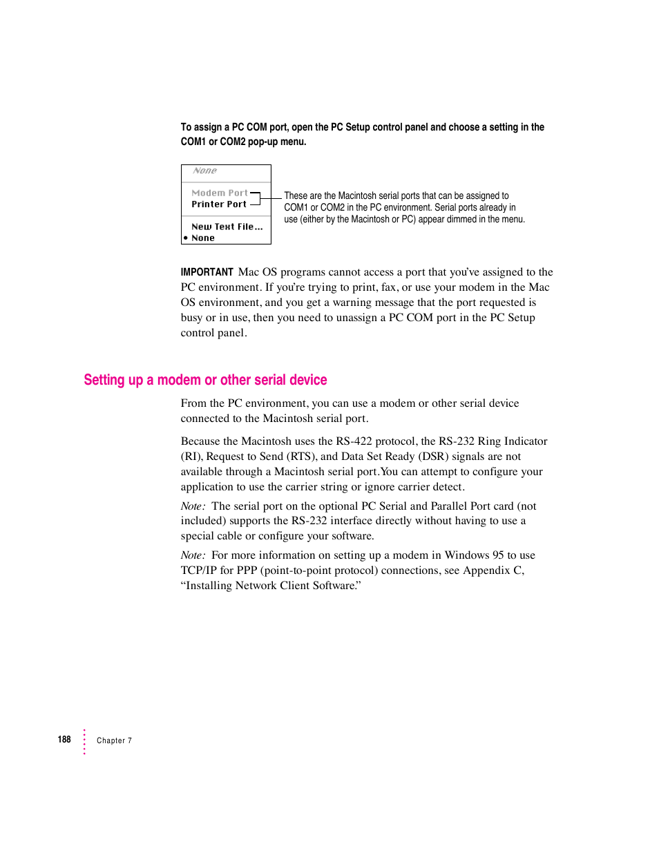 Setting up a modem or other serial device | Apple PC Compatibility Card User Manual | Page 188 / 338