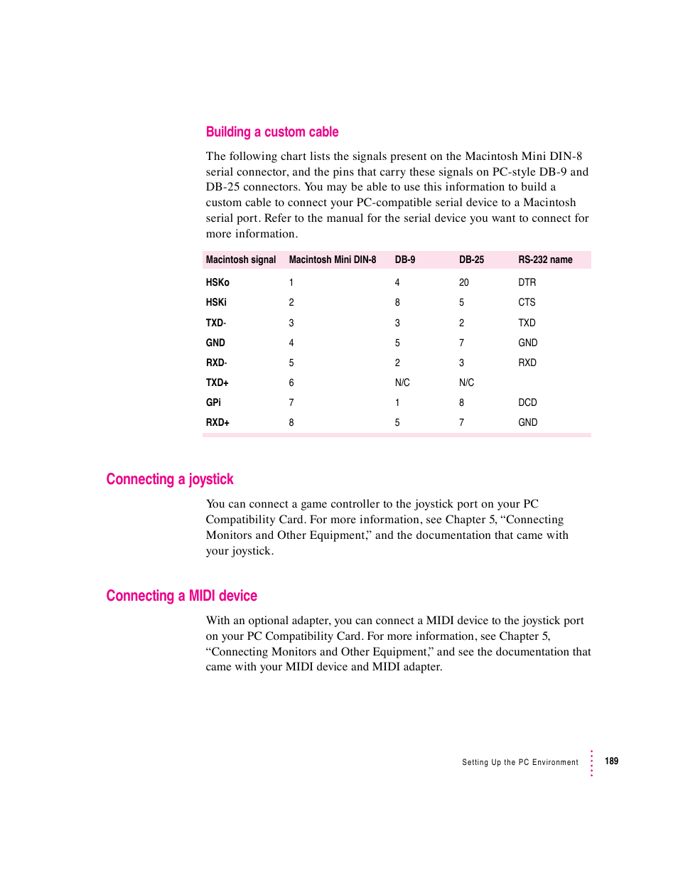 Connecting a joystick, Connecting a midi device, Building a custom cable | Apple PC Compatibility Card User Manual | Page 189 / 338