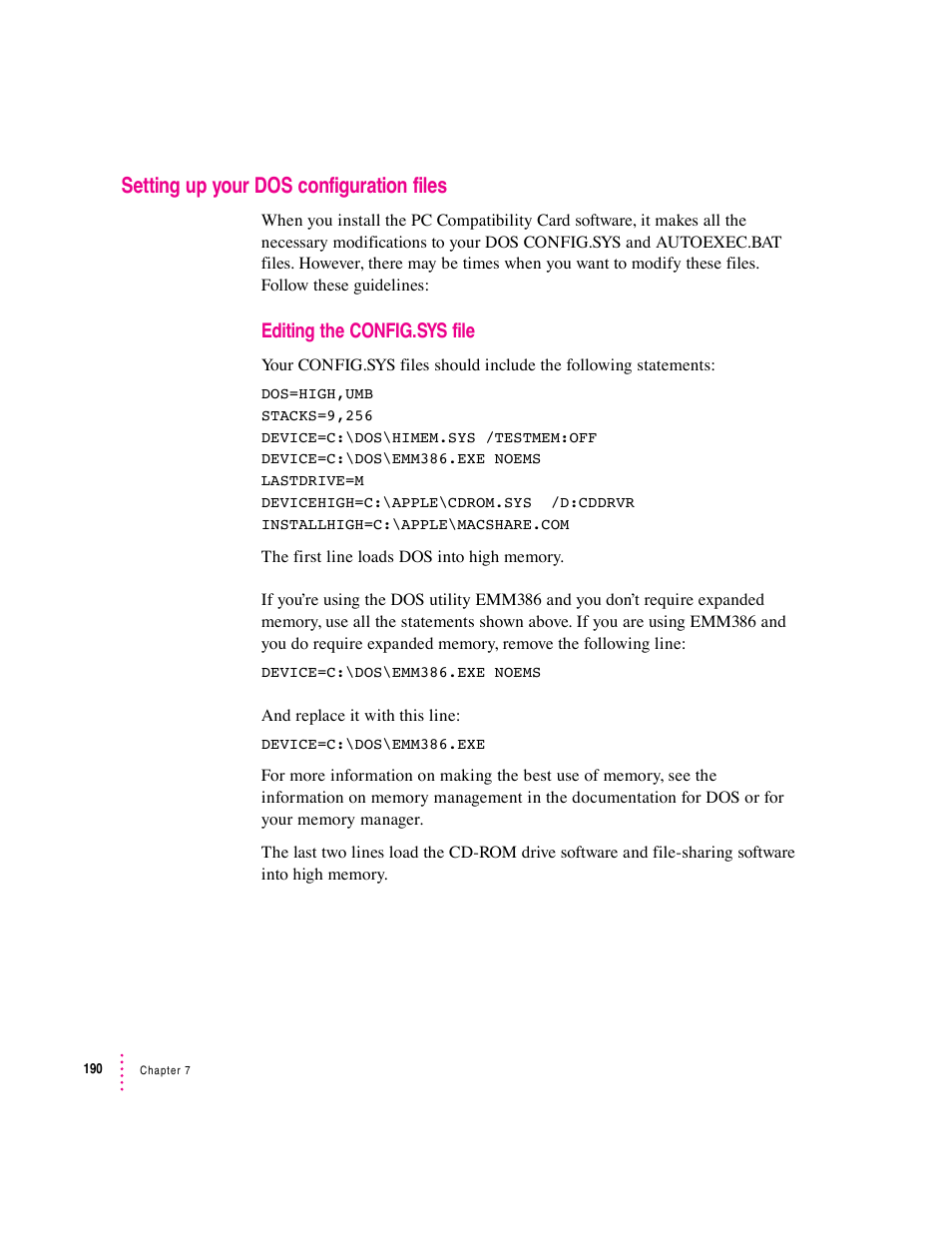 Setting up your dos configuration files, Editing the config.sys file | Apple PC Compatibility Card User Manual | Page 190 / 338