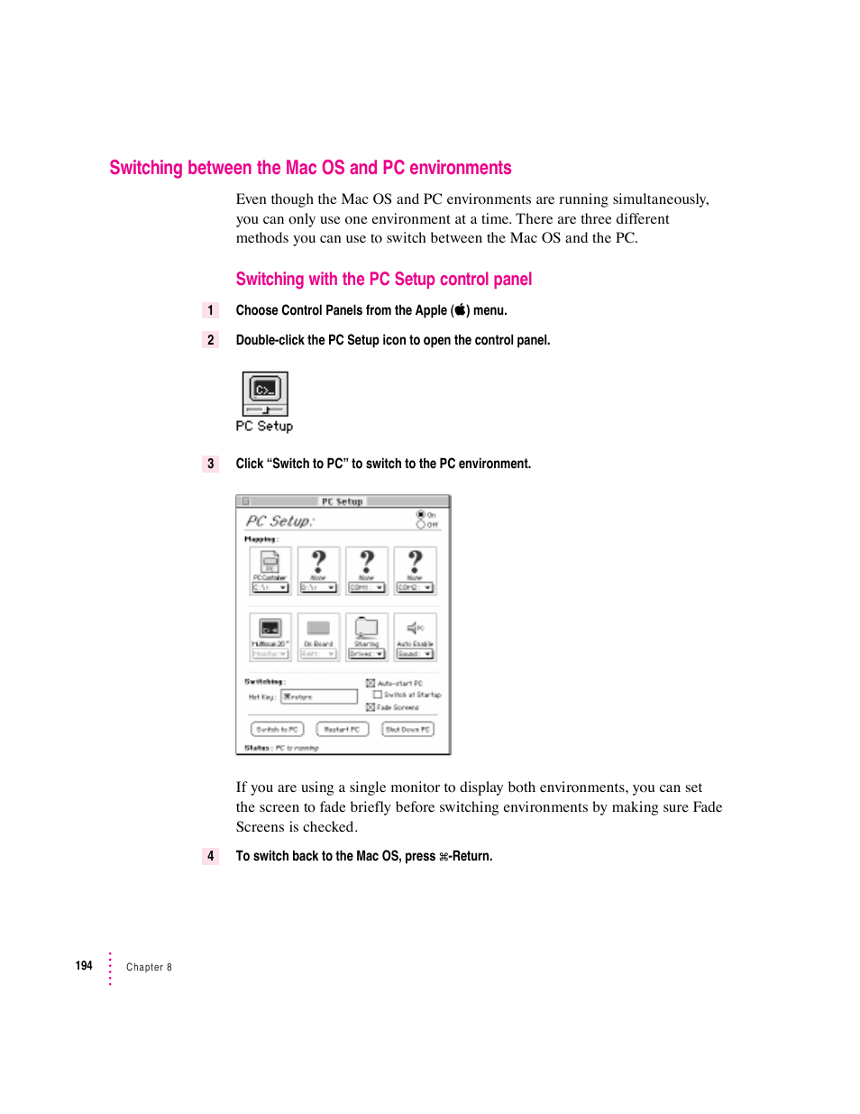 Switching between the mac os and pc environments, Switching with the pc setup control panel | Apple PC Compatibility Card User Manual | Page 194 / 338