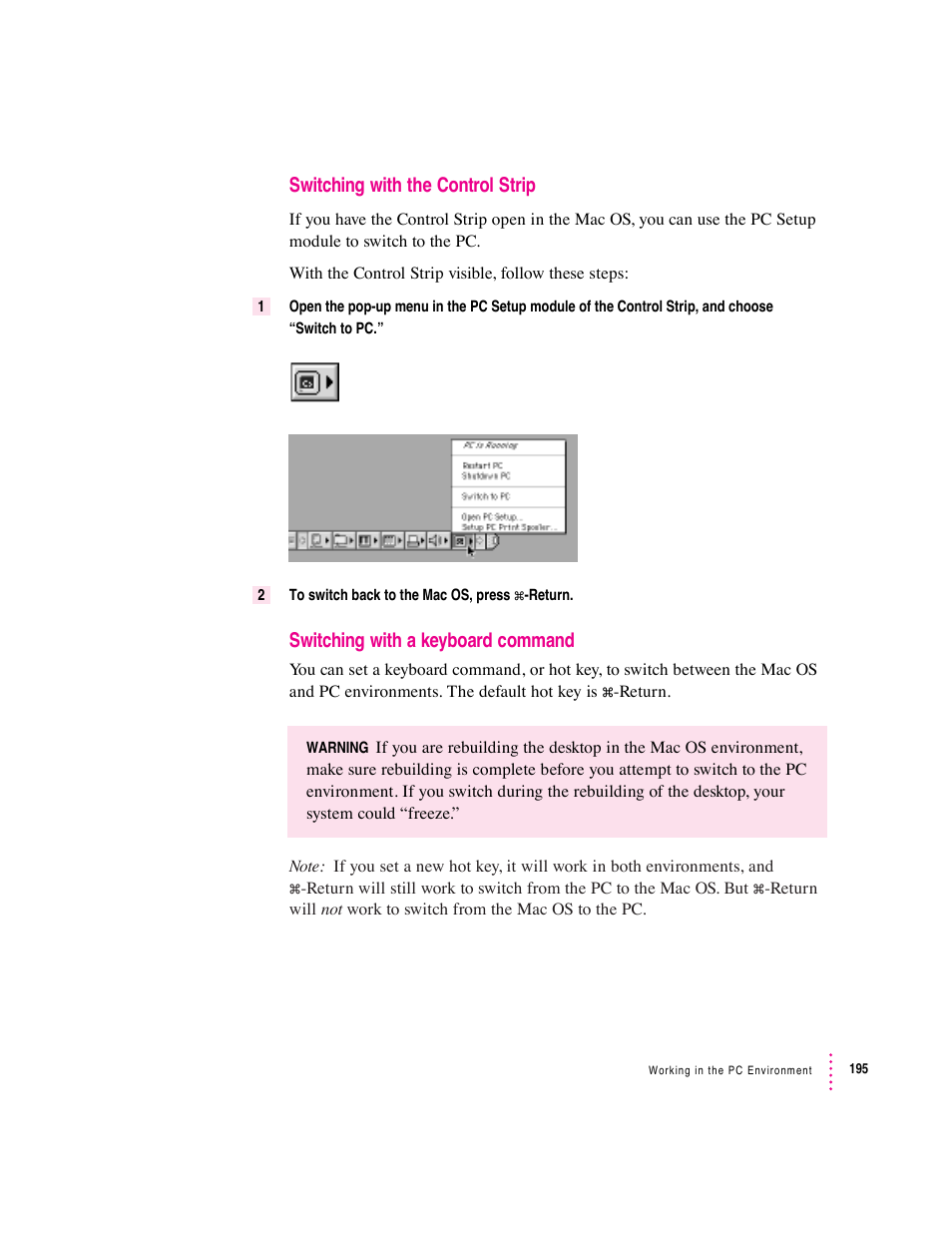 Switching with the control strip, Switching with a keyboard command | Apple PC Compatibility Card User Manual | Page 195 / 338