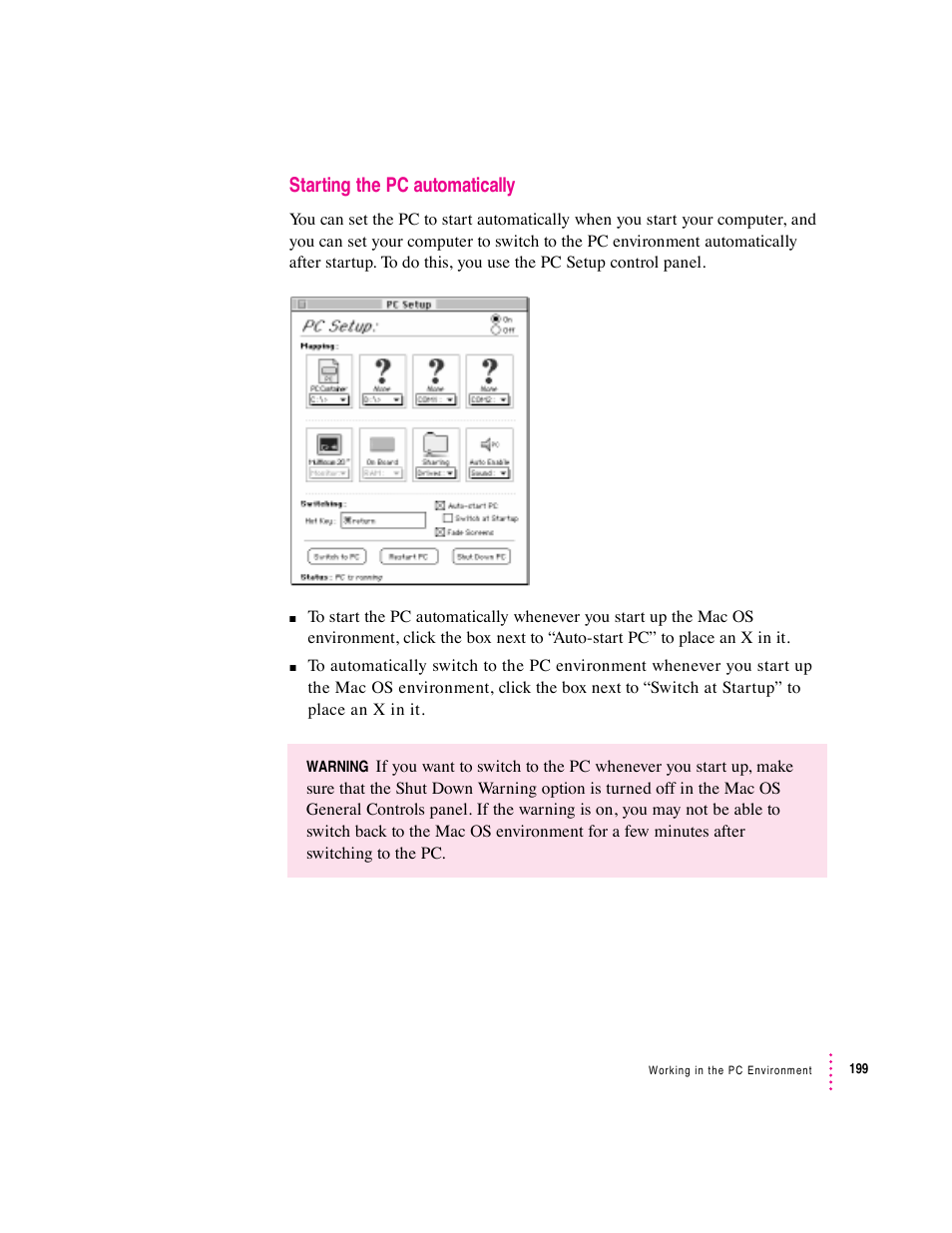 Starting the pc automatically | Apple PC Compatibility Card User Manual | Page 199 / 338