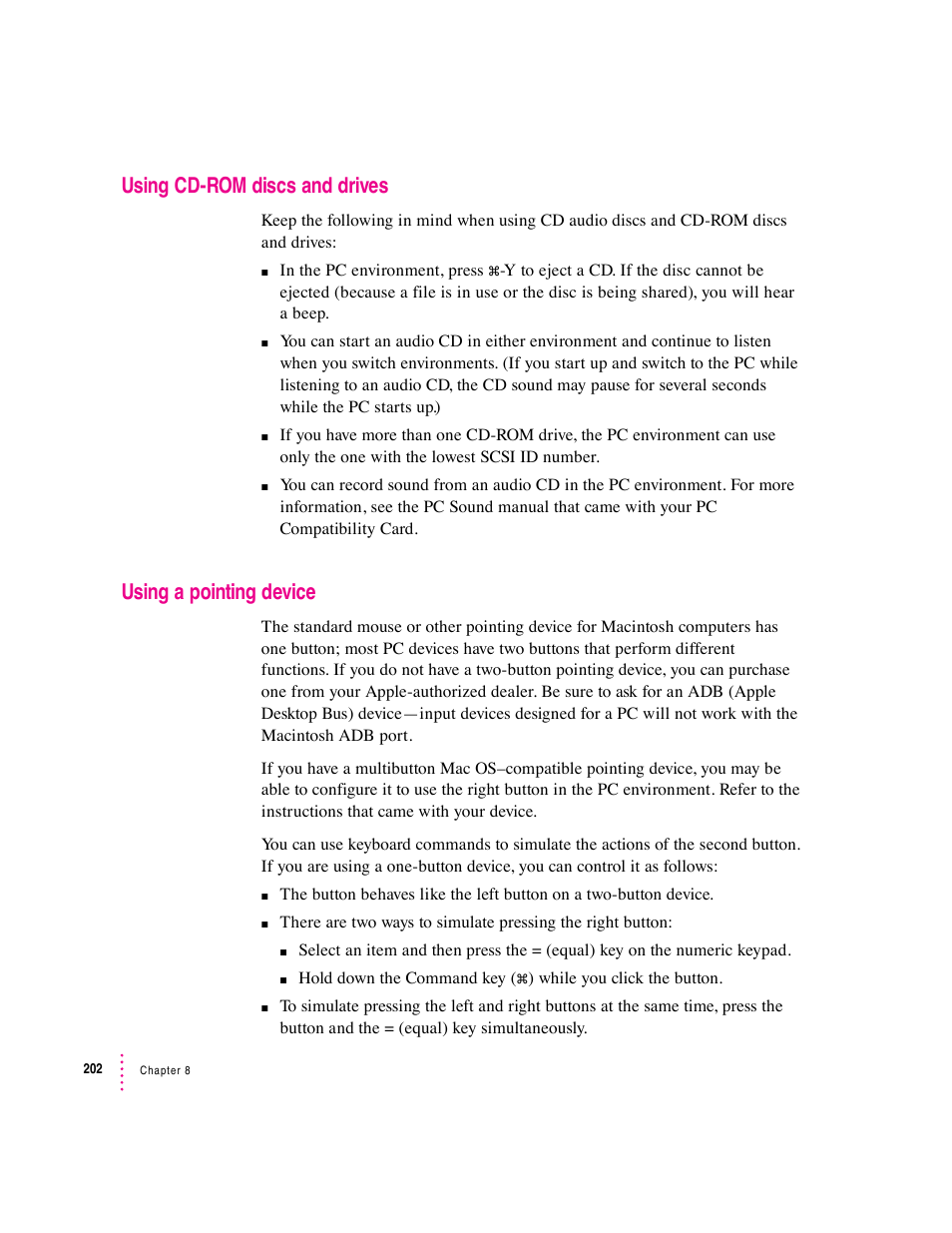 Using cd-rom discs and drives, Using a pointing device | Apple PC Compatibility Card User Manual | Page 202 / 338