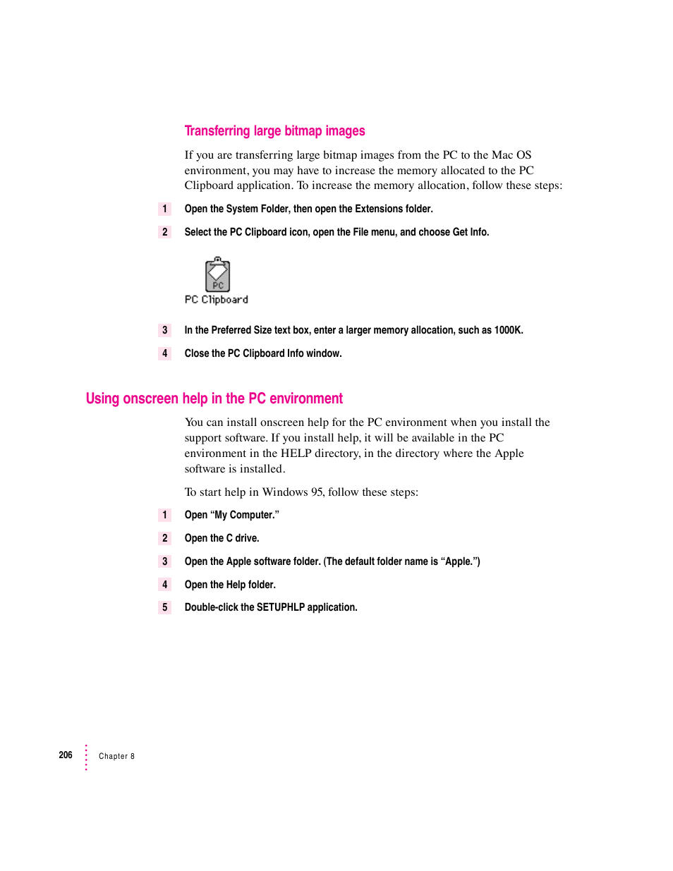 Using onscreen help in the pc environment, Transferring large bitmap images | Apple PC Compatibility Card User Manual | Page 206 / 338