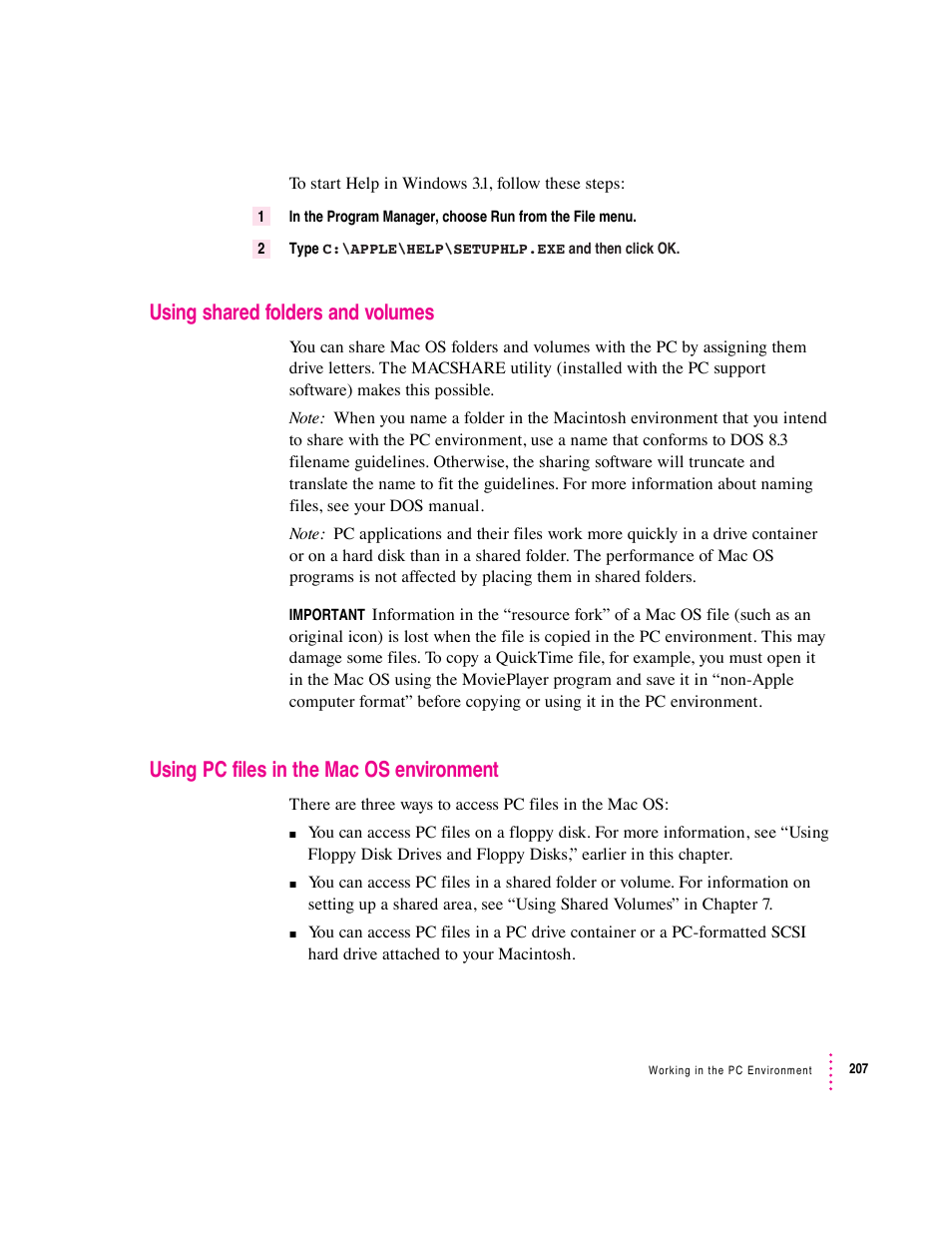 Using shared folders and volumes, Using pc files in the mac os environment | Apple PC Compatibility Card User Manual | Page 207 / 338