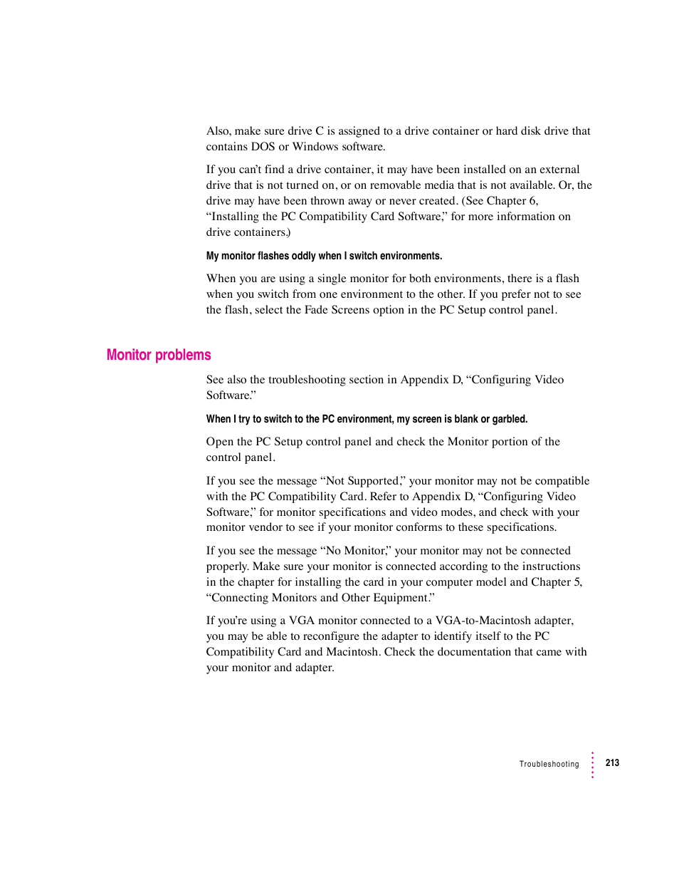 Monitor problems | Apple PC Compatibility Card User Manual | Page 213 / 338