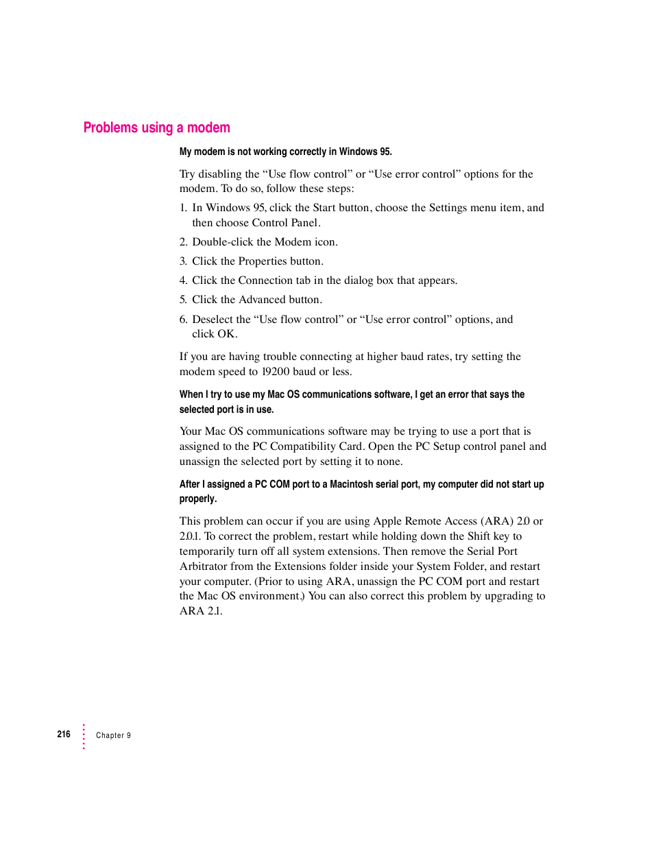 Problems using a modem | Apple PC Compatibility Card User Manual | Page 216 / 338