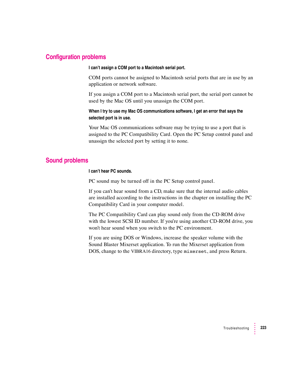 Configuration problems, Sound problems | Apple PC Compatibility Card User Manual | Page 223 / 338