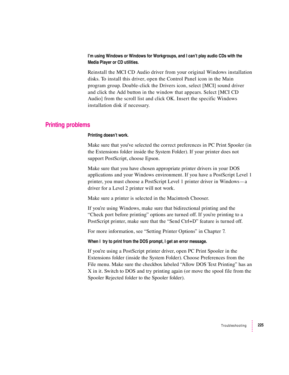 Printing problems | Apple PC Compatibility Card User Manual | Page 225 / 338