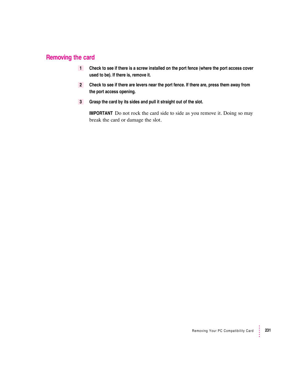 Removing the card | Apple PC Compatibility Card User Manual | Page 231 / 338