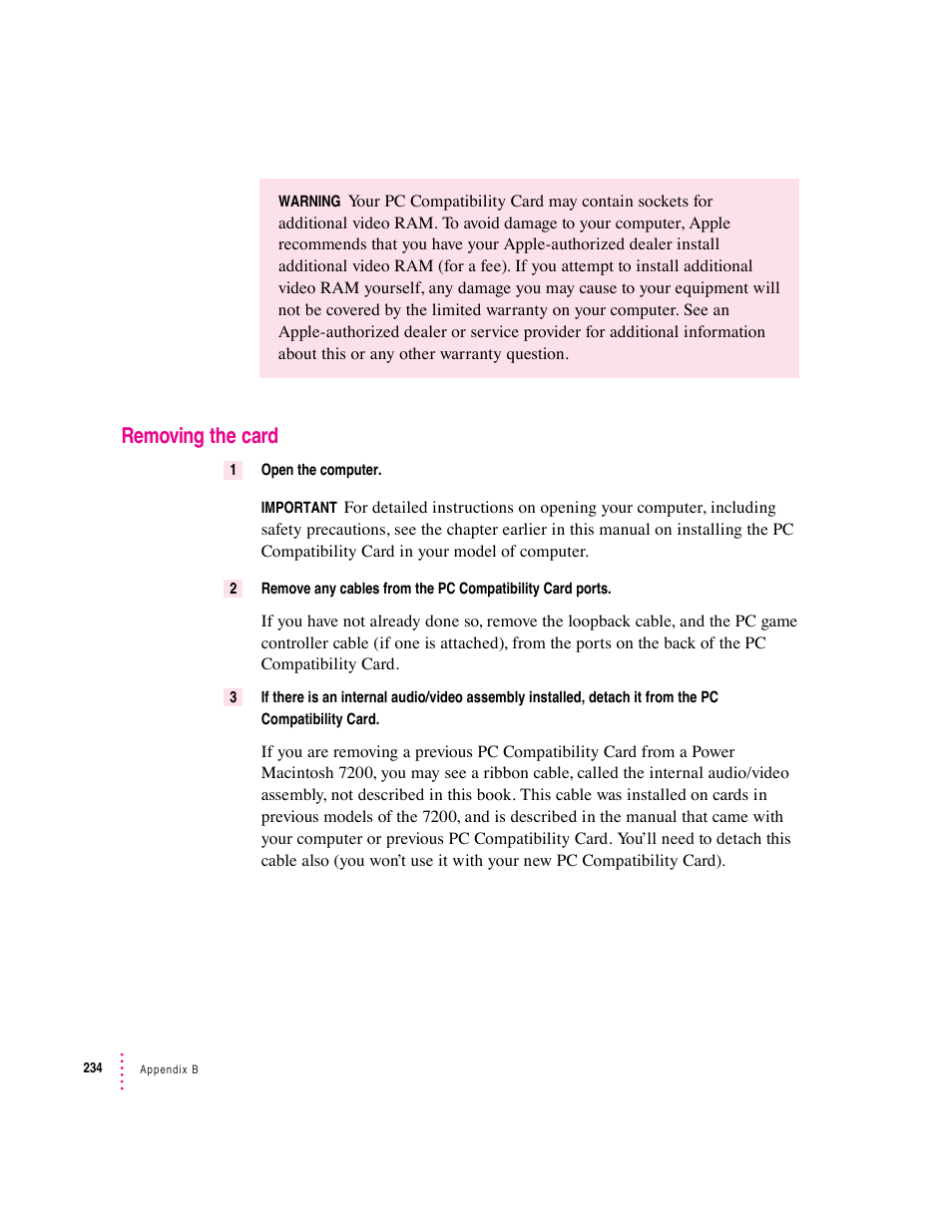 Removing the card | Apple PC Compatibility Card User Manual | Page 234 / 338