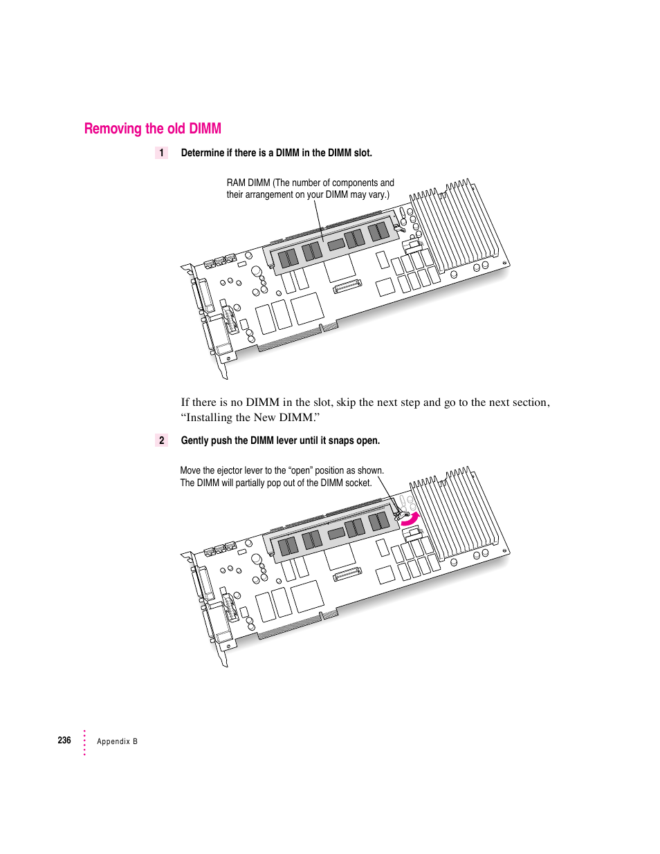 Removing the old dimm | Apple PC Compatibility Card User Manual | Page 236 / 338