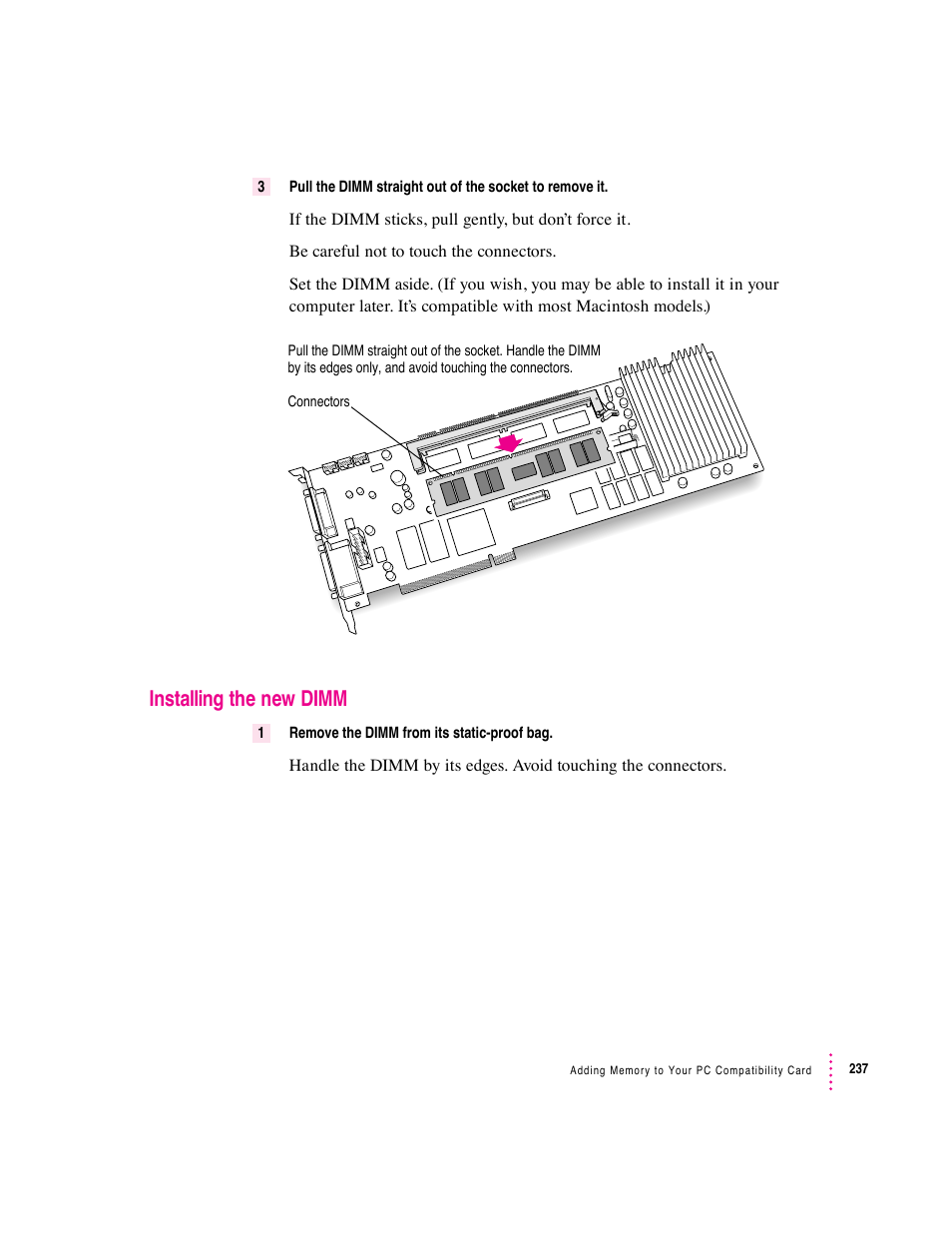 Installing the new dimm | Apple PC Compatibility Card User Manual | Page 237 / 338