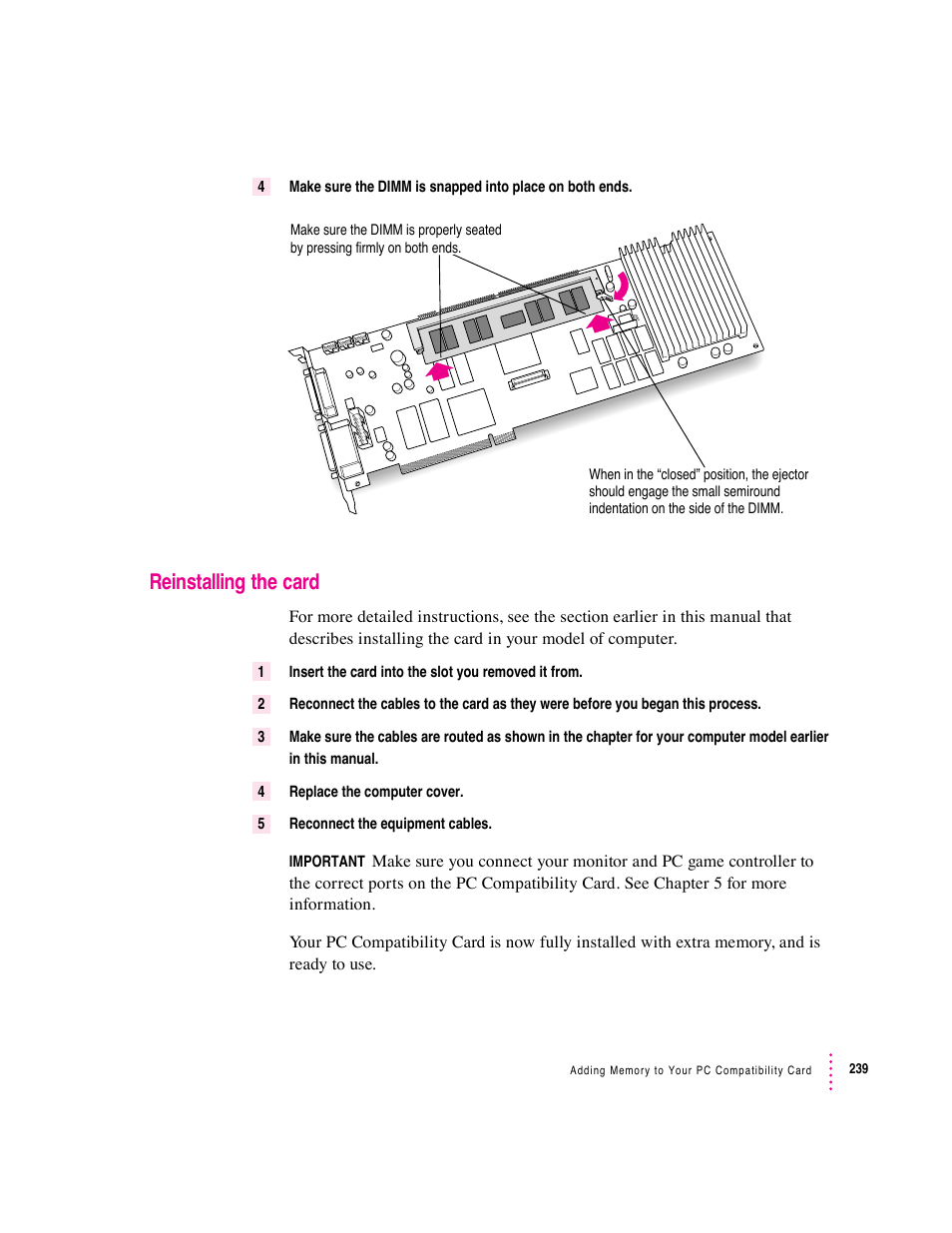 Reinstalling the card | Apple PC Compatibility Card User Manual | Page 239 / 338