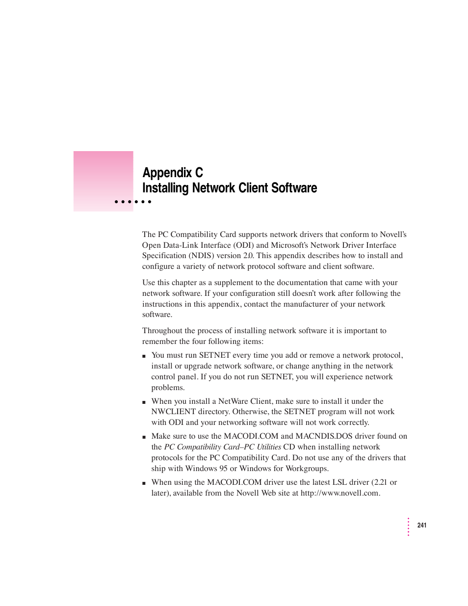 Appendix c installing network client software | Apple PC Compatibility Card User Manual | Page 241 / 338