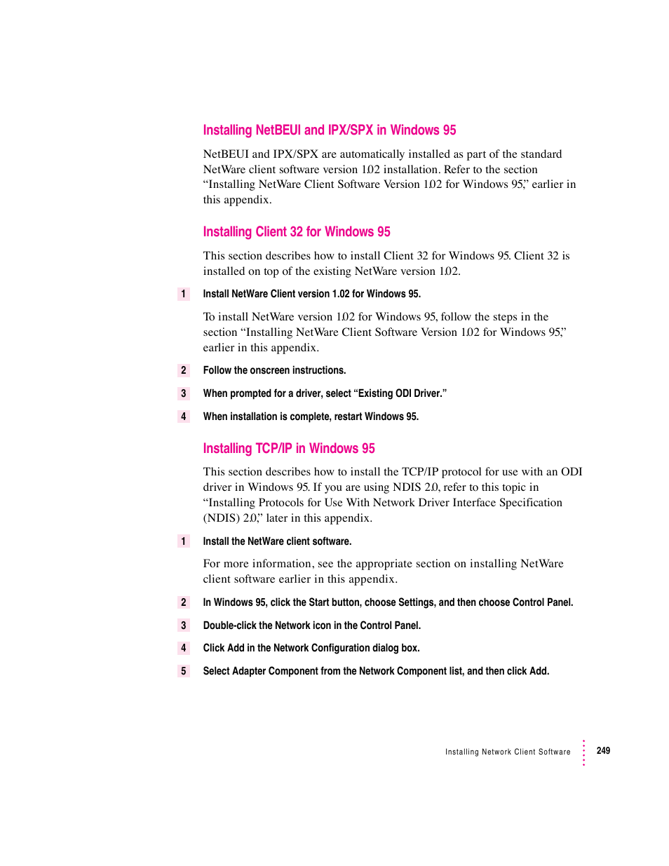 Installing netbeui and ipx/spx in windows 95, Installing client 32 for windows 95, Installing tcp/ip in windows 95 | Apple PC Compatibility Card User Manual | Page 249 / 338