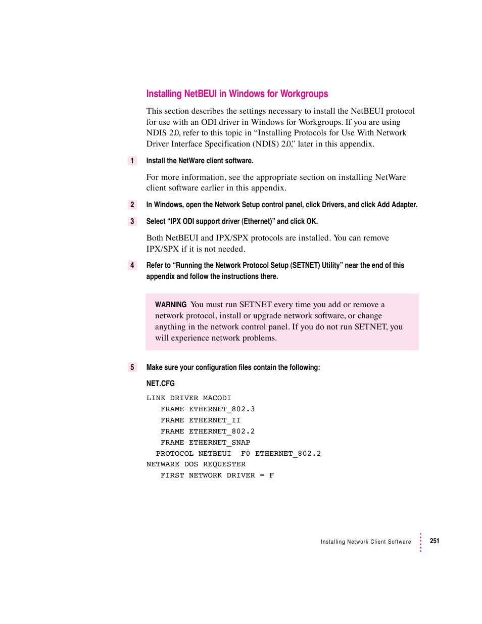 Installing netbeui in windows for workgroups | Apple PC Compatibility Card User Manual | Page 251 / 338