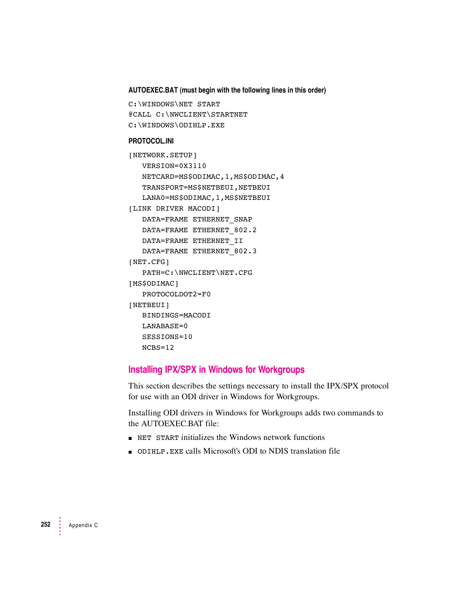 Installing ipx/spx in windows for workgroups | Apple PC Compatibility Card User Manual | Page 252 / 338