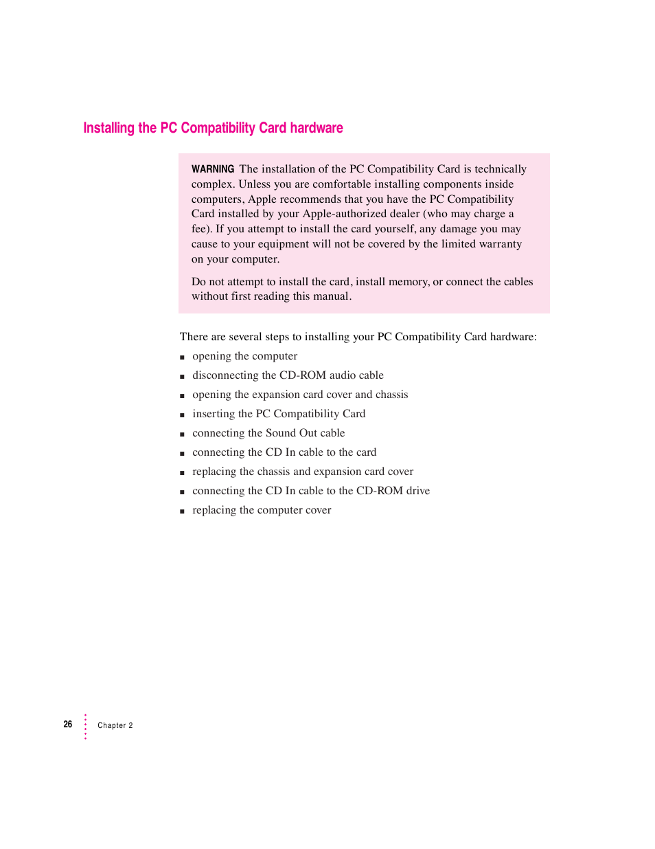 Installing the pc compatibility card hardware | Apple PC Compatibility Card User Manual | Page 26 / 338