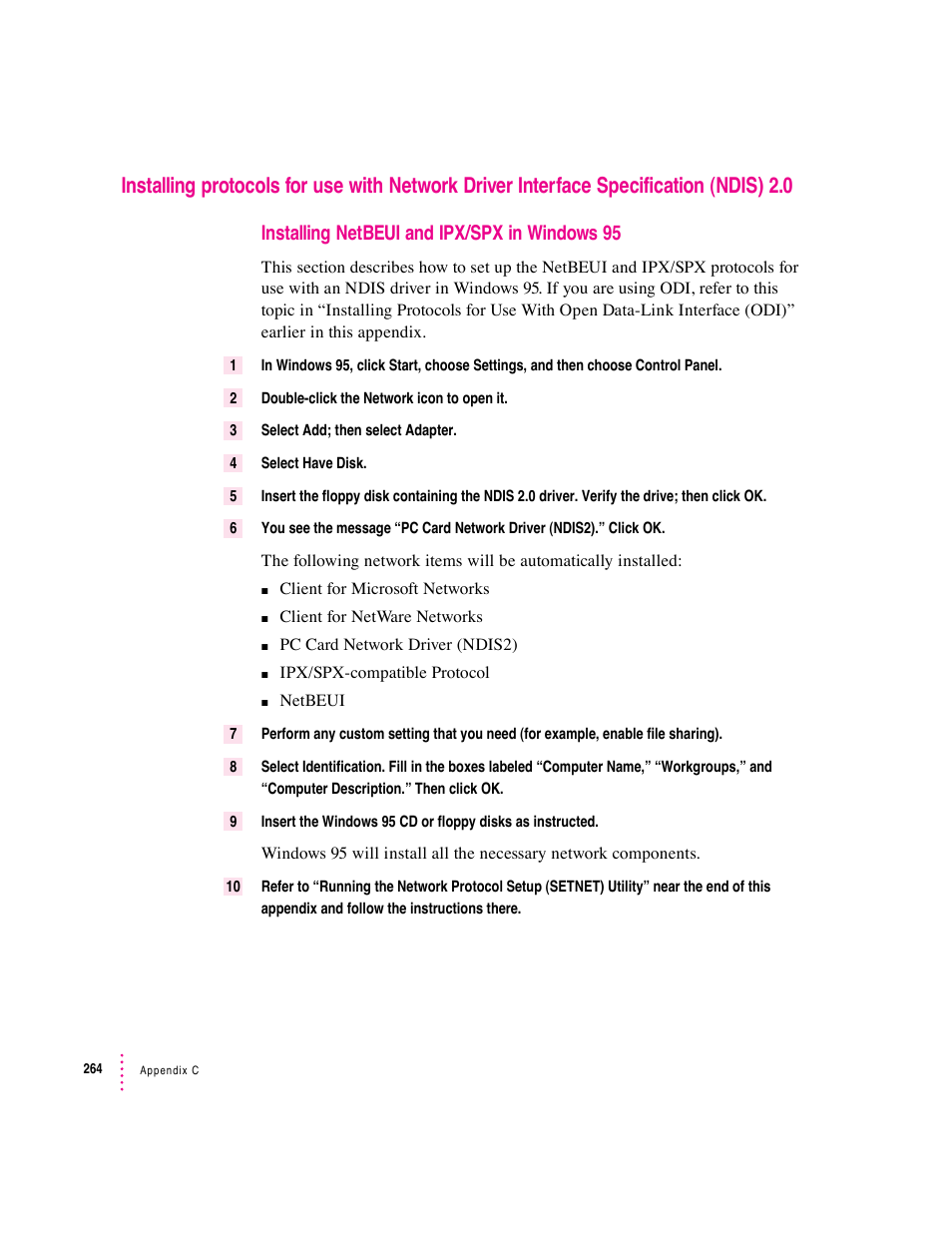 Installing netbeui and ipx/spx in windows 95 | Apple PC Compatibility Card User Manual | Page 264 / 338