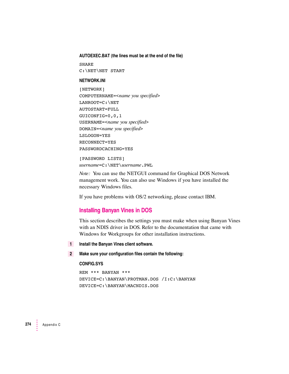 Installing banyan vines in dos | Apple PC Compatibility Card User Manual | Page 274 / 338