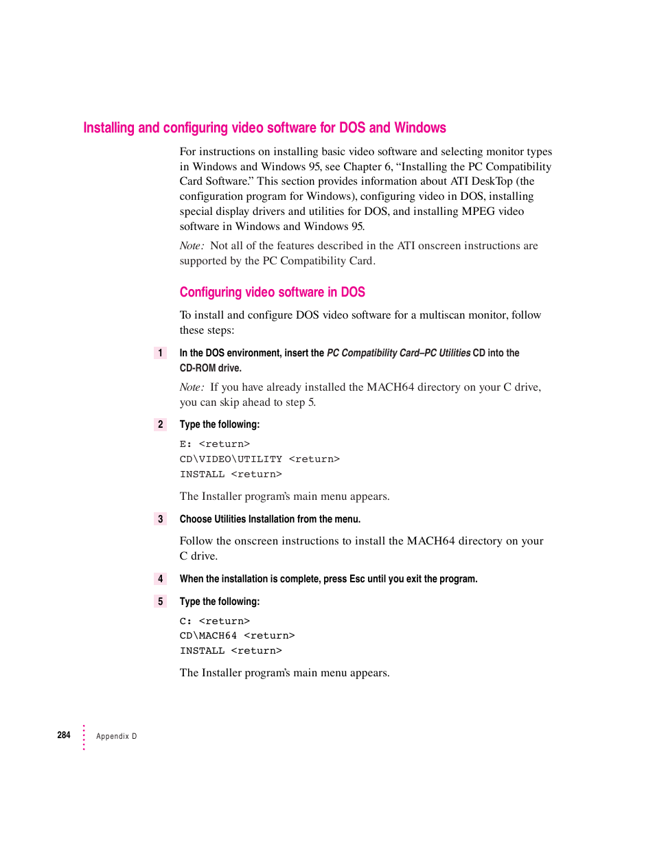 Configuring video software in dos | Apple PC Compatibility Card User Manual | Page 284 / 338