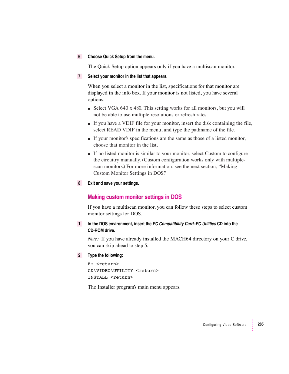 Making custom monitor settings in dos | Apple PC Compatibility Card User Manual | Page 285 / 338