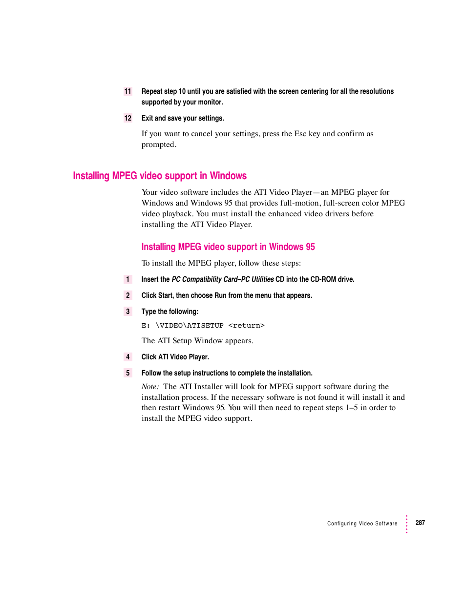 Installing mpeg video support in windows, Installing mpeg video support in windows 95 | Apple PC Compatibility Card User Manual | Page 287 / 338