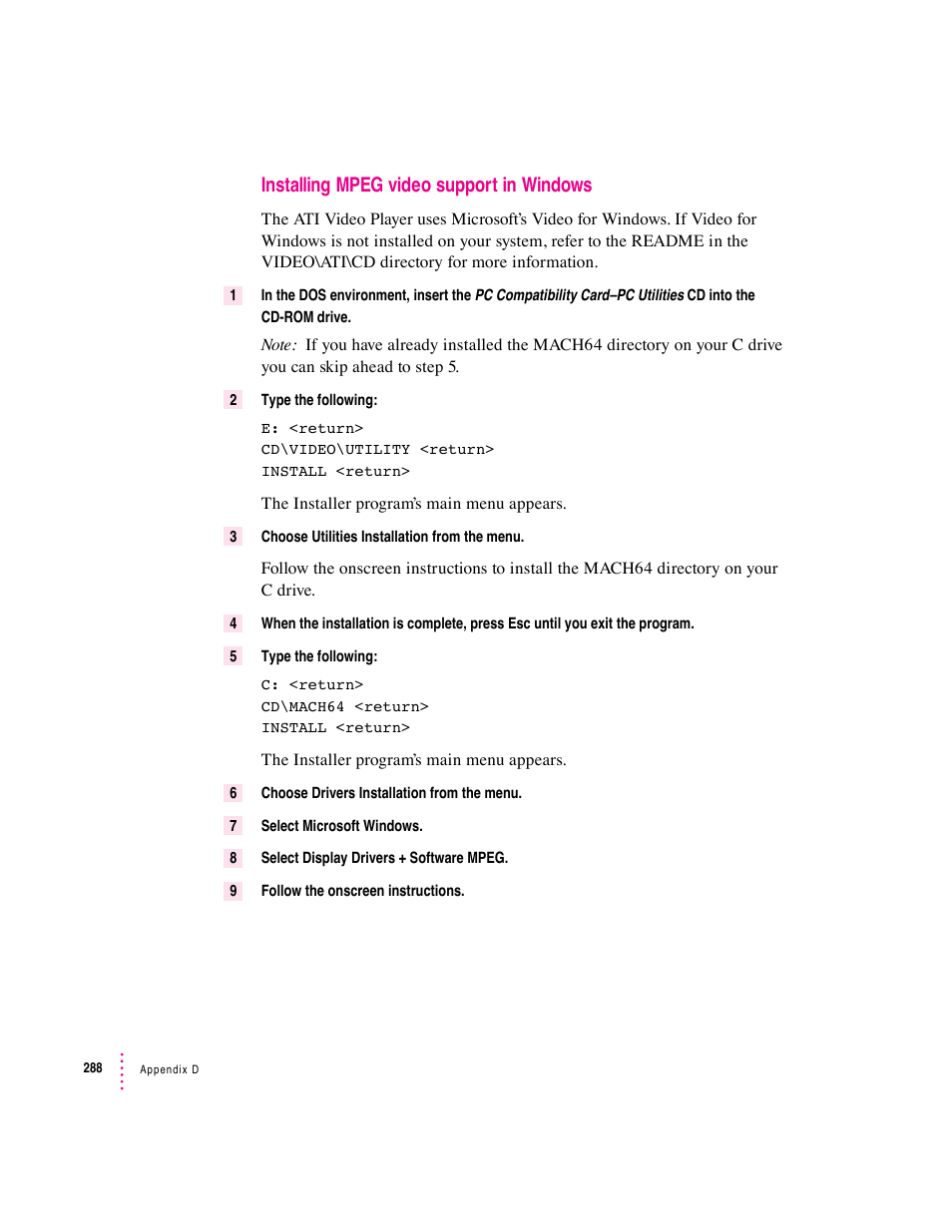 Installing mpeg video support in windows | Apple PC Compatibility Card User Manual | Page 288 / 338