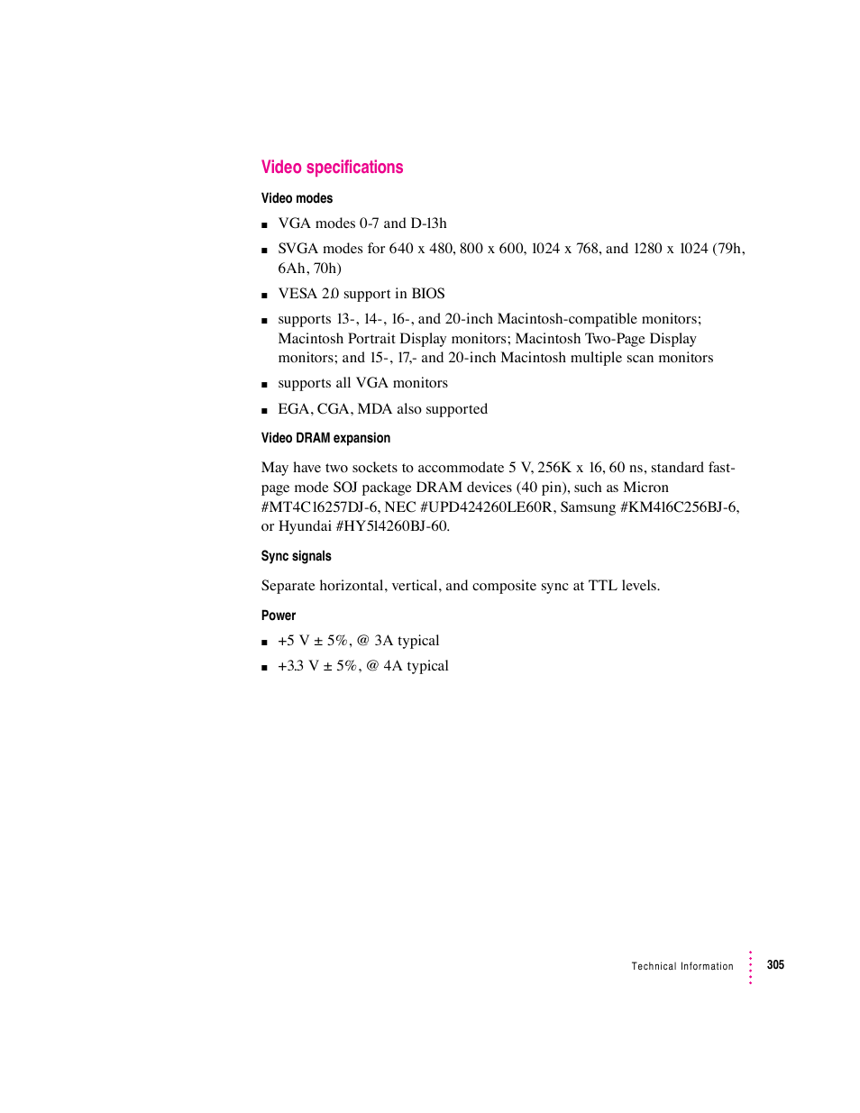 Video specifications | Apple PC Compatibility Card User Manual | Page 305 / 338