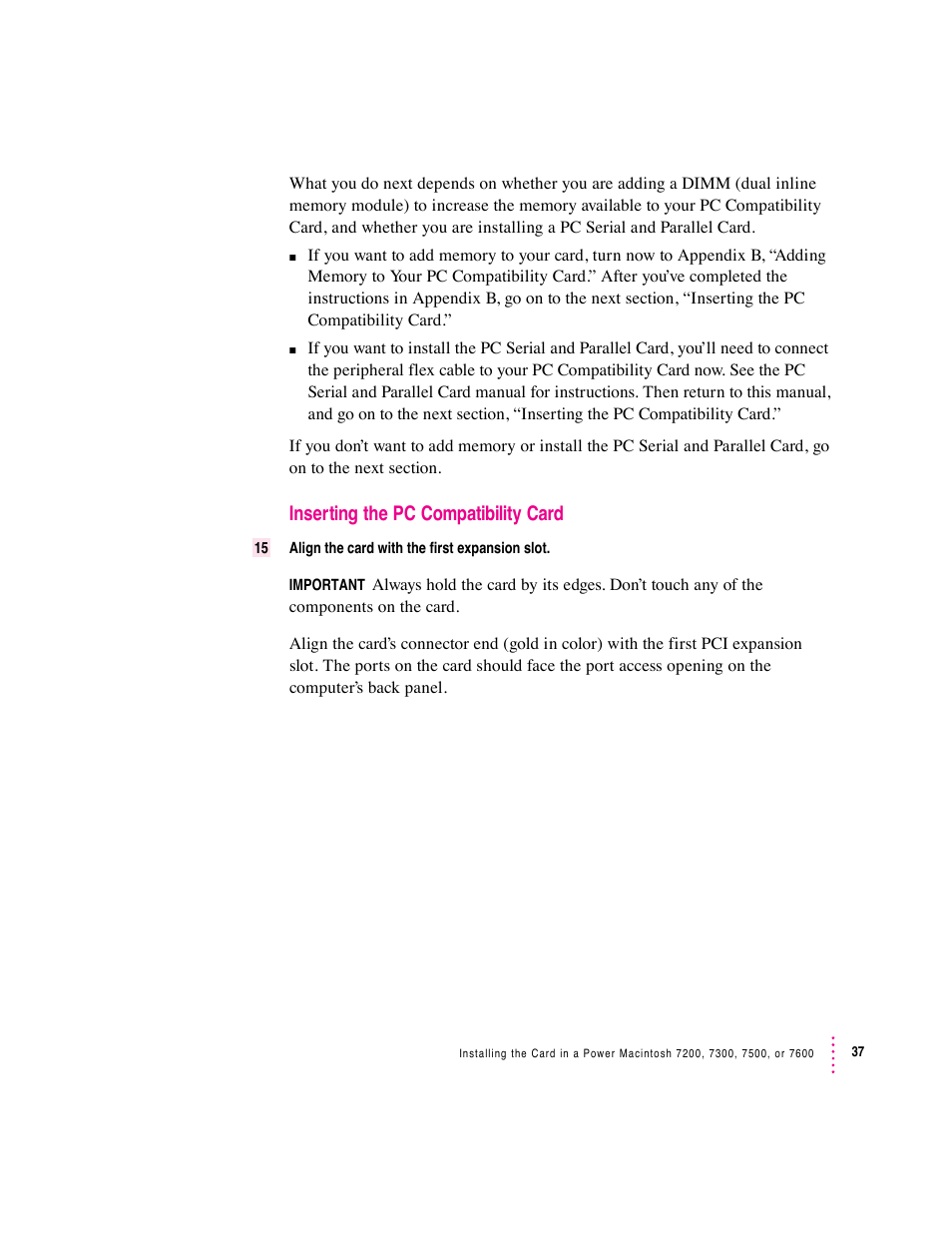 Inserting the pc compatibility card | Apple PC Compatibility Card User Manual | Page 37 / 338