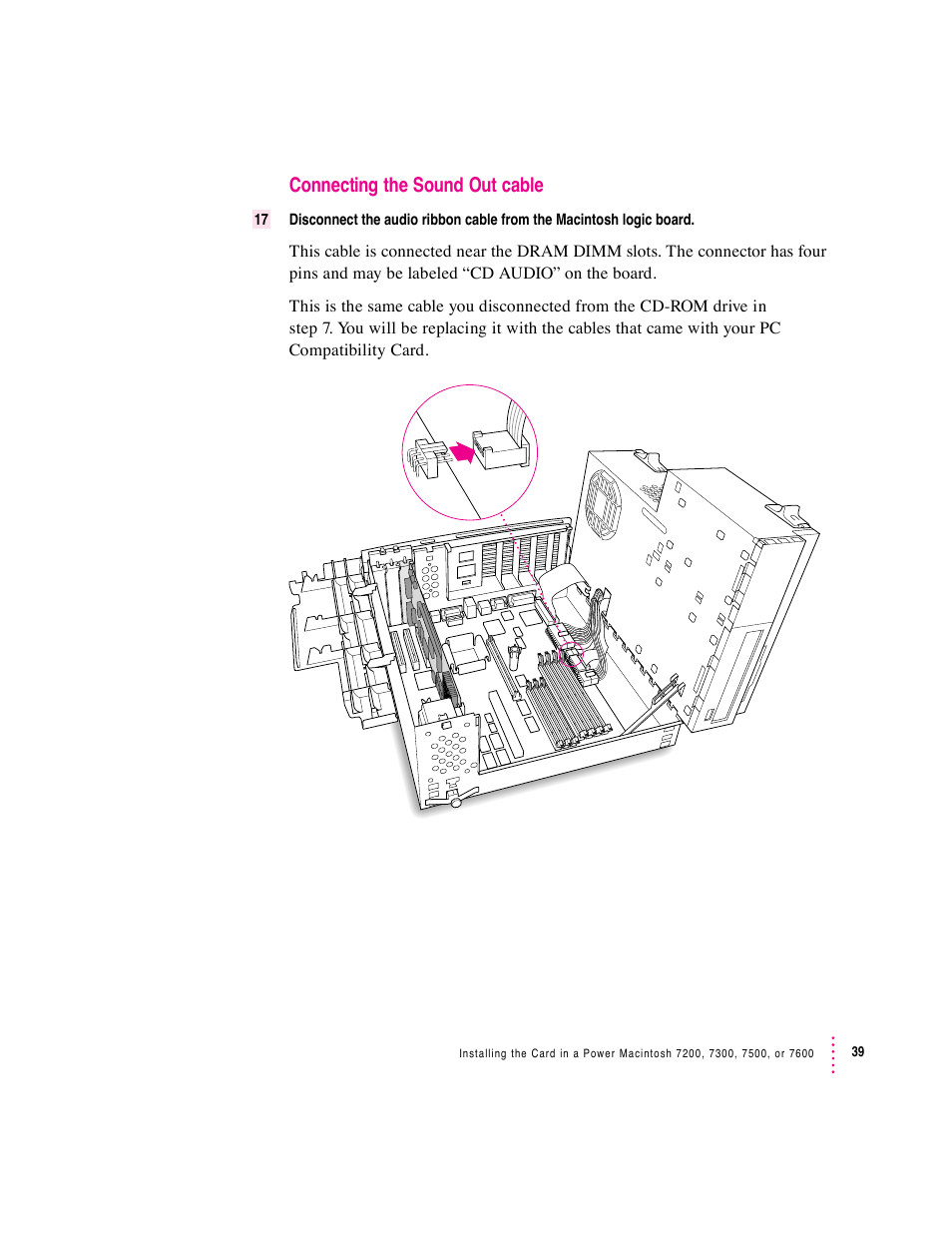 Connecting the sound out cable | Apple PC Compatibility Card User Manual | Page 39 / 338