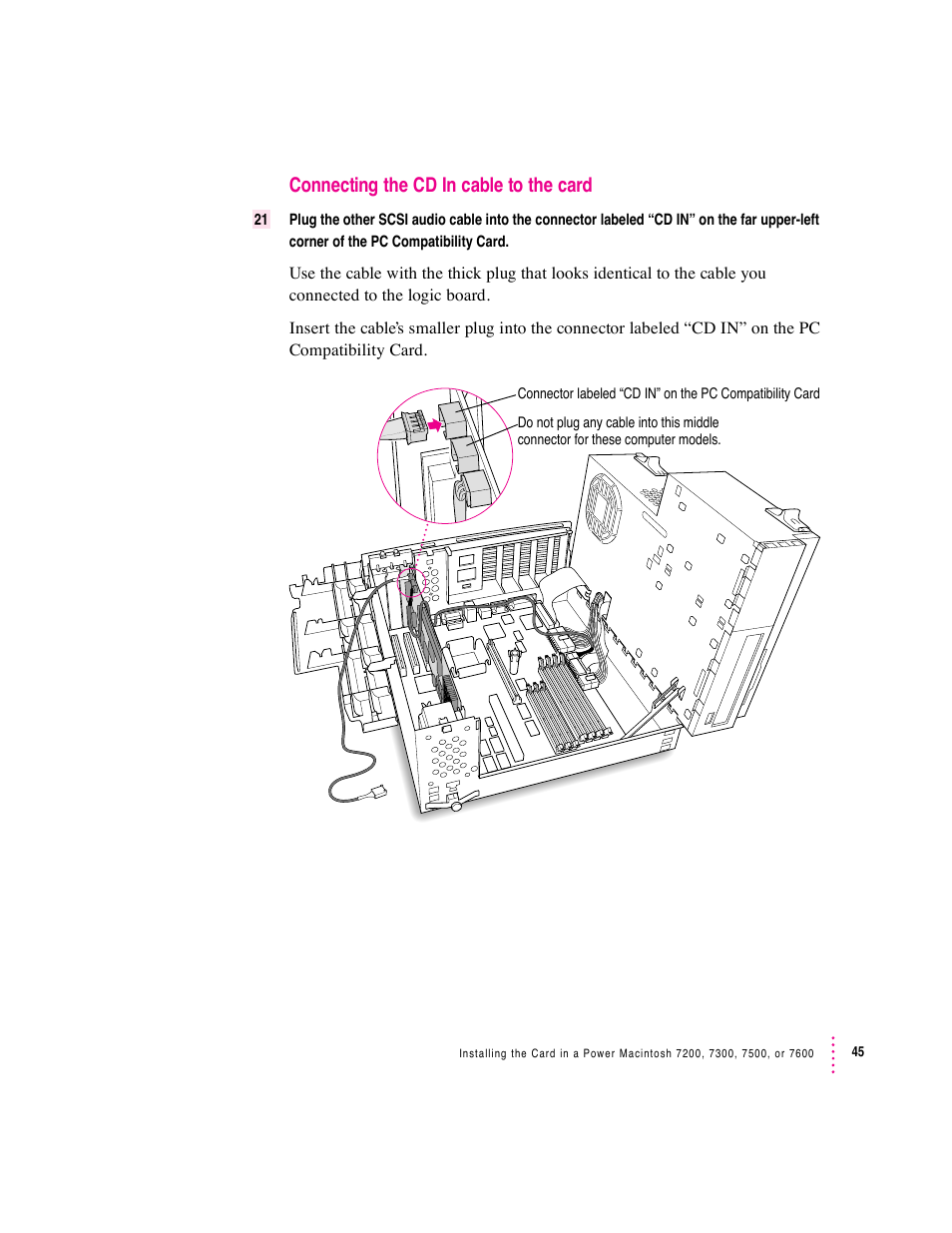 Connecting the cd in cable to the card | Apple PC Compatibility Card User Manual | Page 45 / 338