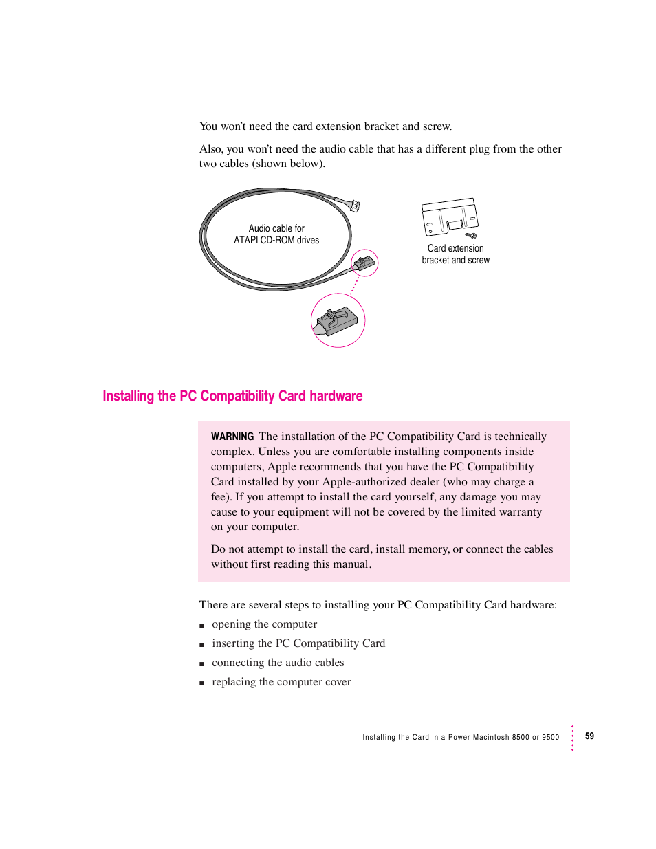 Installing the pc compatibility card hardware | Apple PC Compatibility Card User Manual | Page 59 / 338