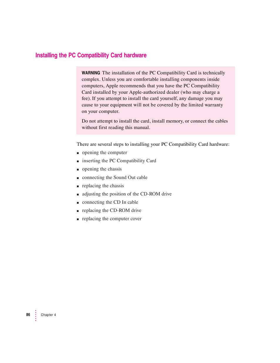 Installing the pc compatibility card hardware | Apple PC Compatibility Card User Manual | Page 86 / 338