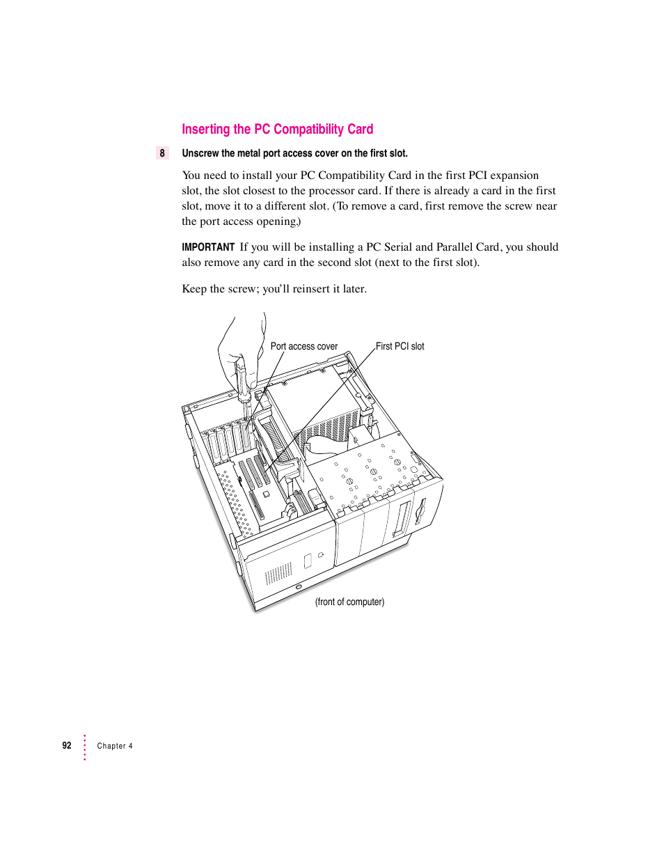 Inserting the pc compatibility card | Apple PC Compatibility Card User Manual | Page 92 / 338