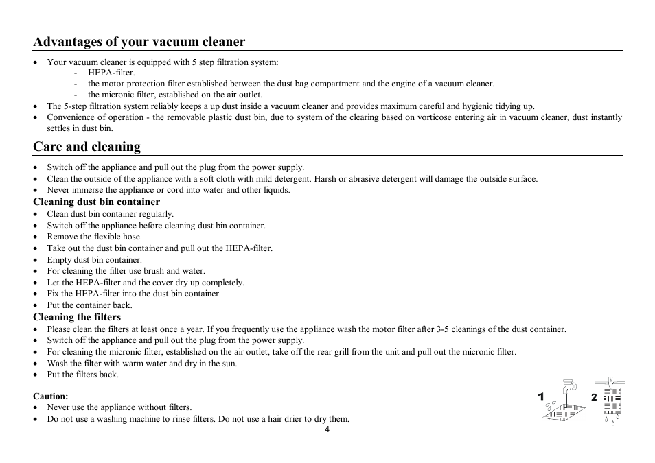 Advantages of your vacuum cleaner, Care and cleaning | Hyundai H-VC1586 User Manual | Page 4 / 9