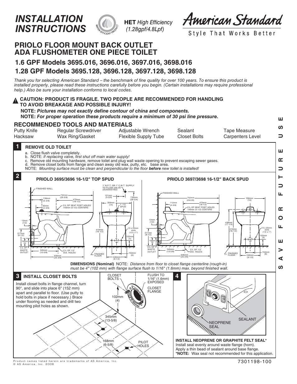 American Standard 3698.016 User Manual | 2 pages