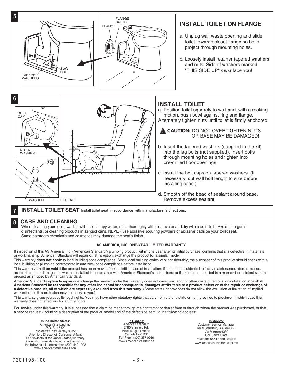 56 7 8 install toilet on flange, Install toilet, Install toilet seat | Care and cleaning | American Standard 3698.016 User Manual | Page 2 / 2