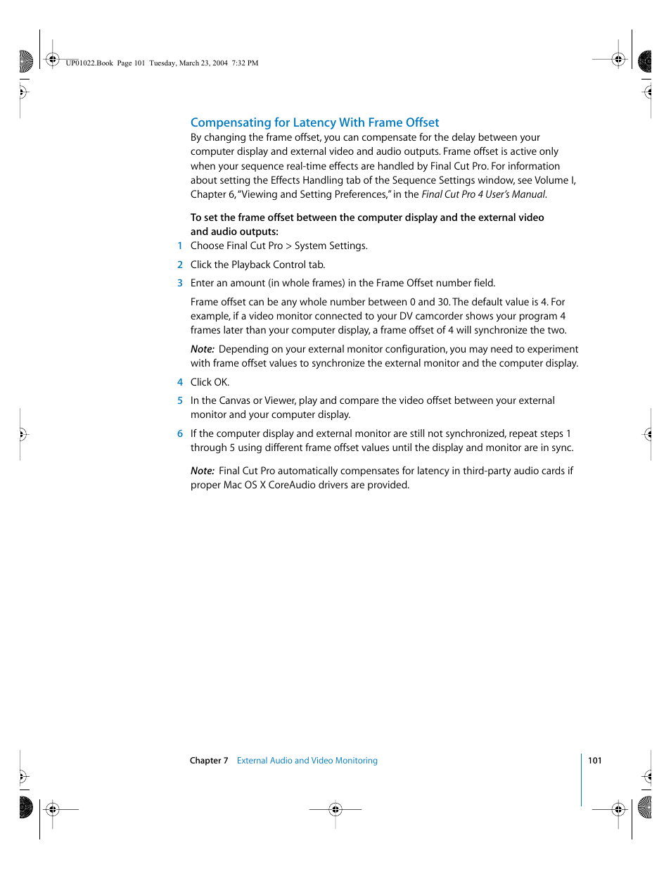 Compensating for latency with frame offset, Compensating for latency with, Frame offset | Compensating for latency with frame, Offset | Apple Final Cut Pro HD (4.5): New Features User Manual | Page 101 / 125