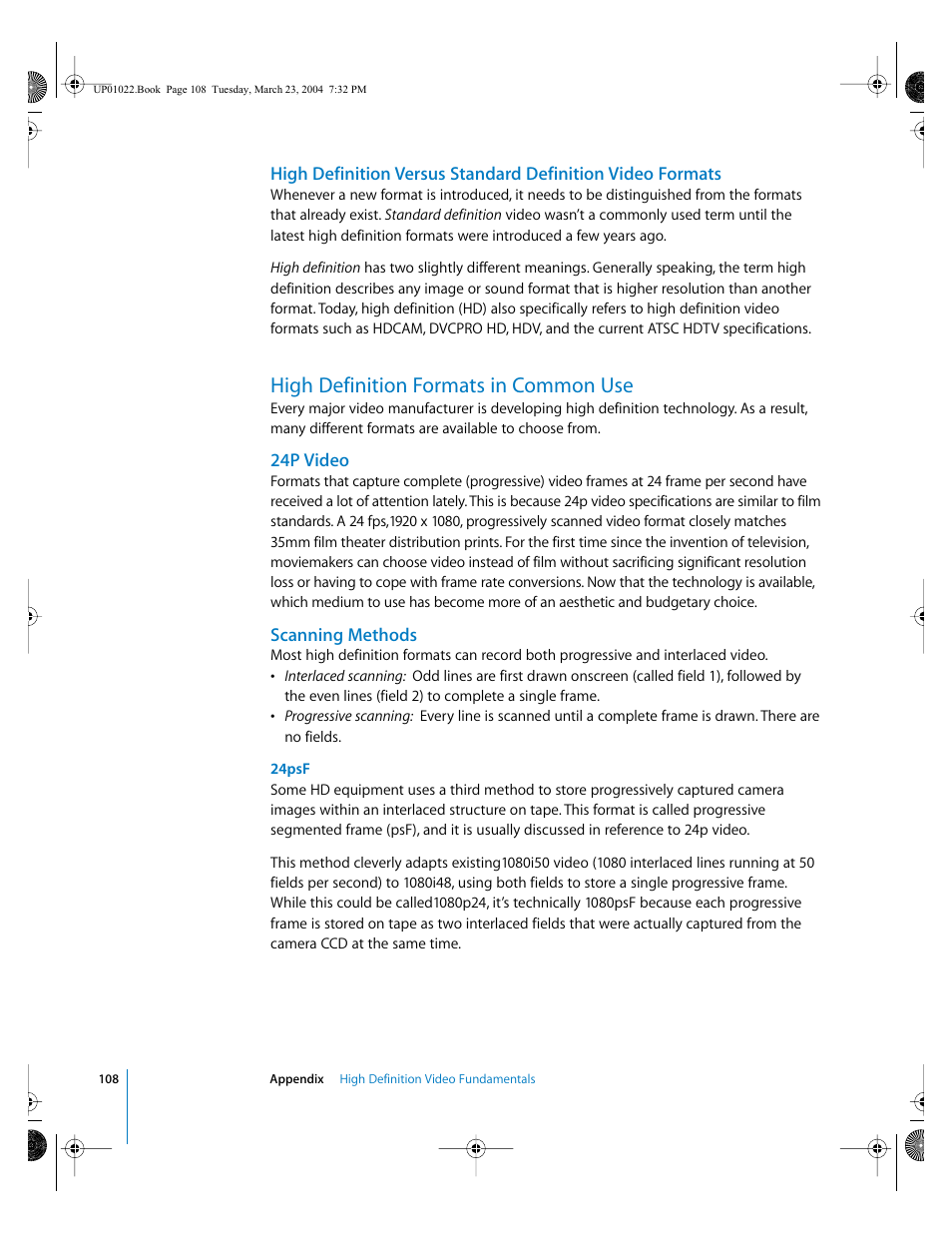 High definition formats in common use, 24p video, Scanning methods | Apple Final Cut Pro HD (4.5): New Features User Manual | Page 108 / 125