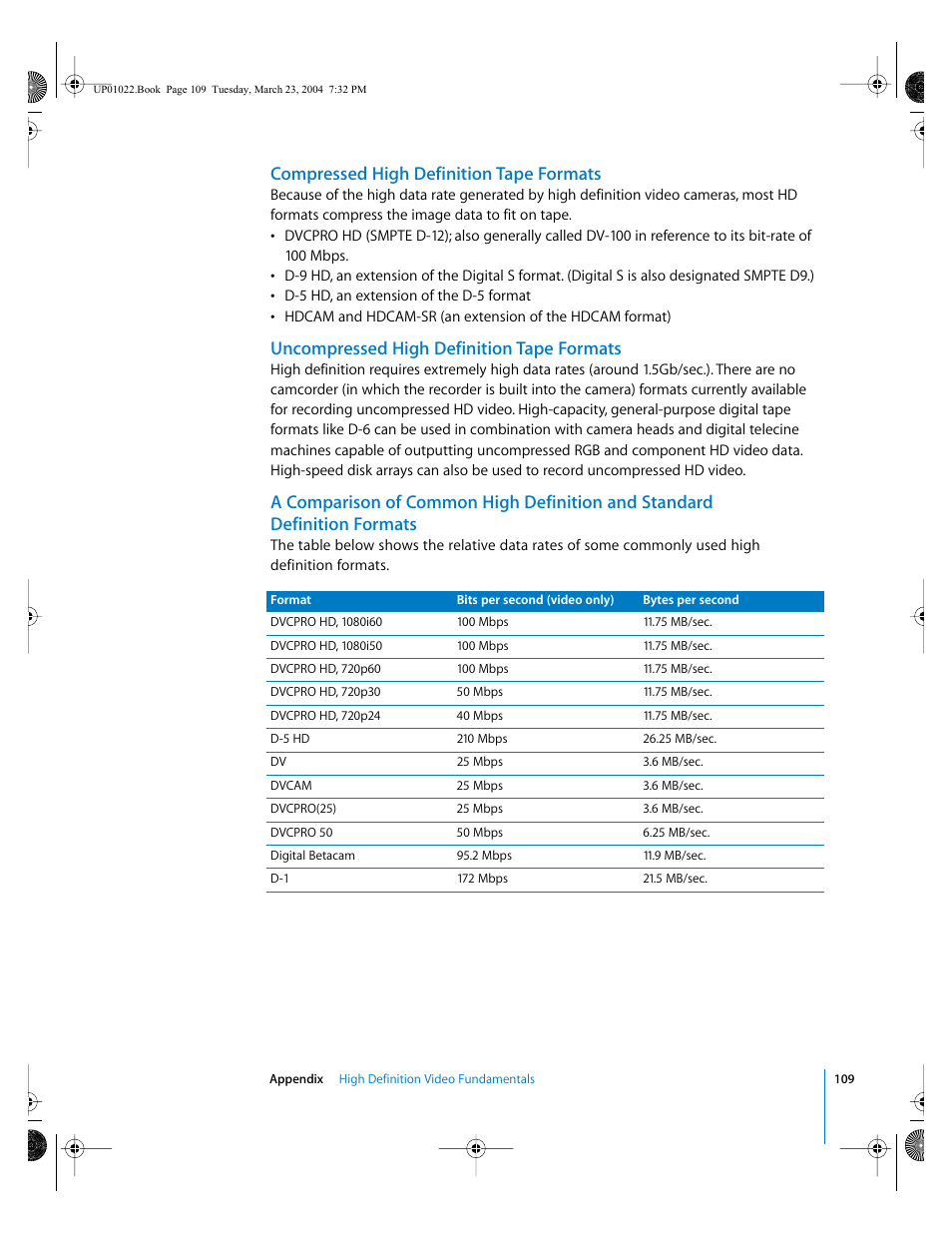 Compressed high definition tape formats, Uncompressed high definition tape formats | Apple Final Cut Pro HD (4.5): New Features User Manual | Page 109 / 125