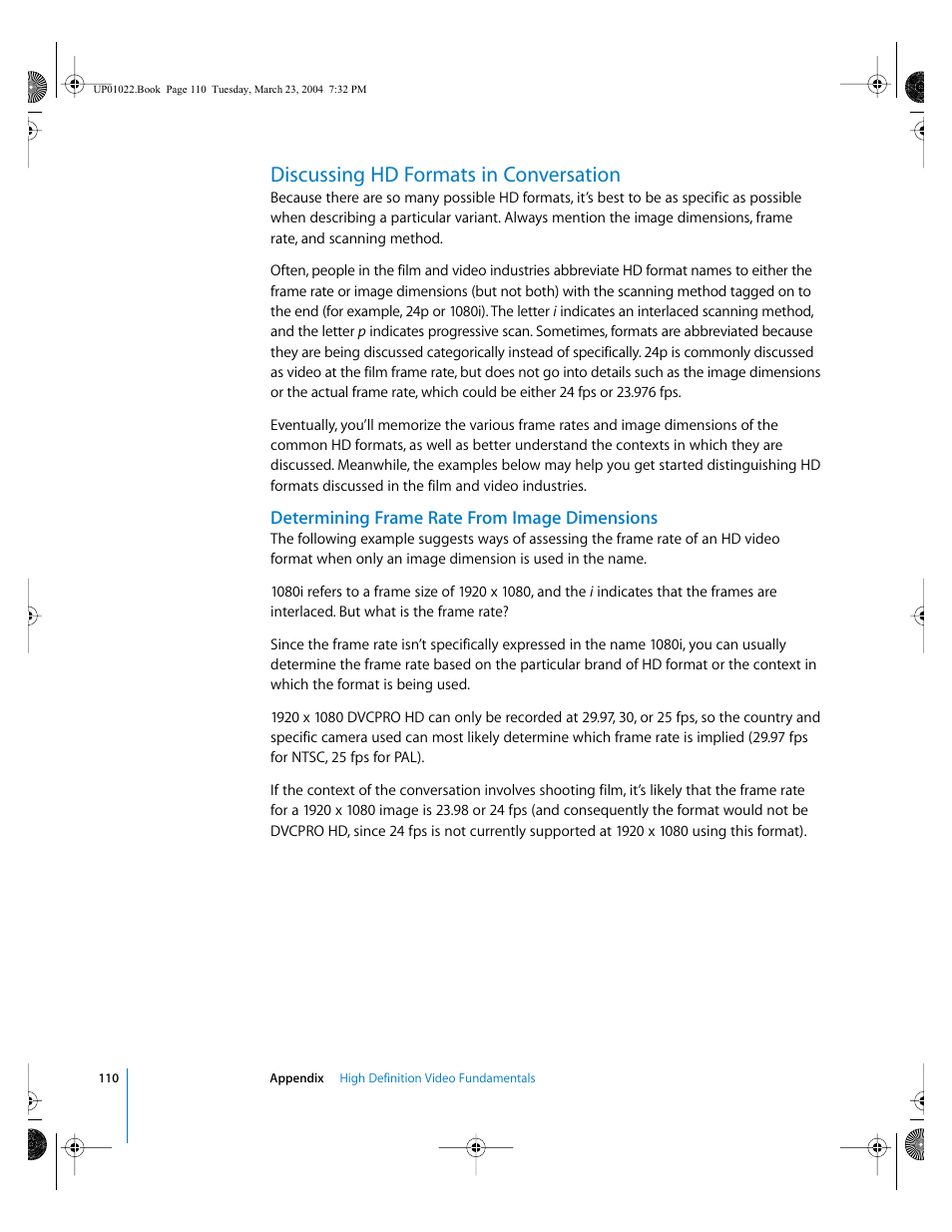 Discussing hd formats in conversation, Determining frame rate from image dimensions | Apple Final Cut Pro HD (4.5): New Features User Manual | Page 110 / 125