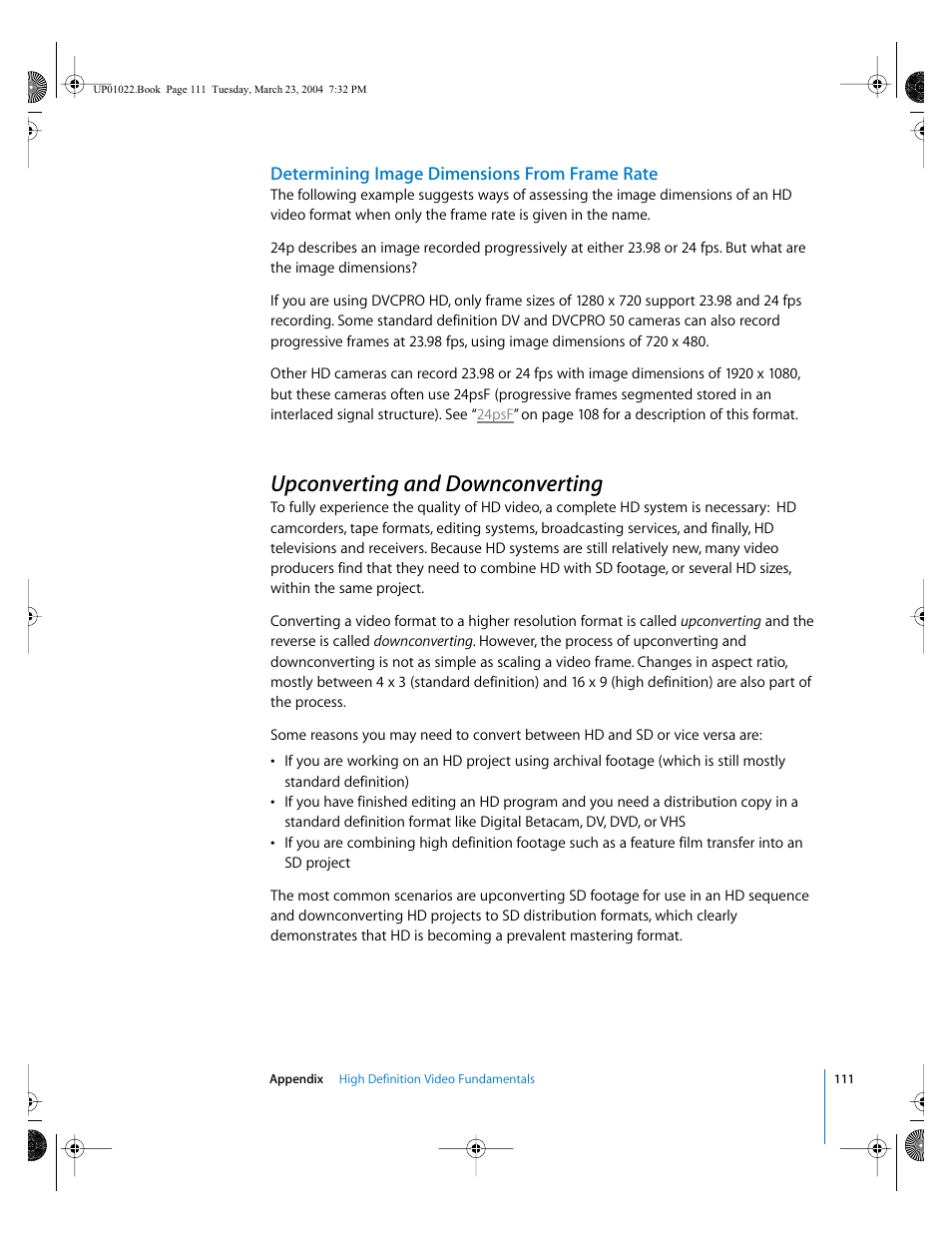 Determining image dimensions from frame rate, Upconverting and downconverting | Apple Final Cut Pro HD (4.5): New Features User Manual | Page 111 / 125