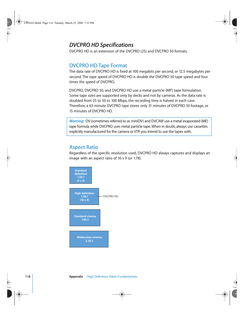 Dvcpro hd specifications, Dvcpro hd tape format, Aspect ratio | Apple Final Cut Pro HD (4.5): New Features User Manual | Page 116 / 125