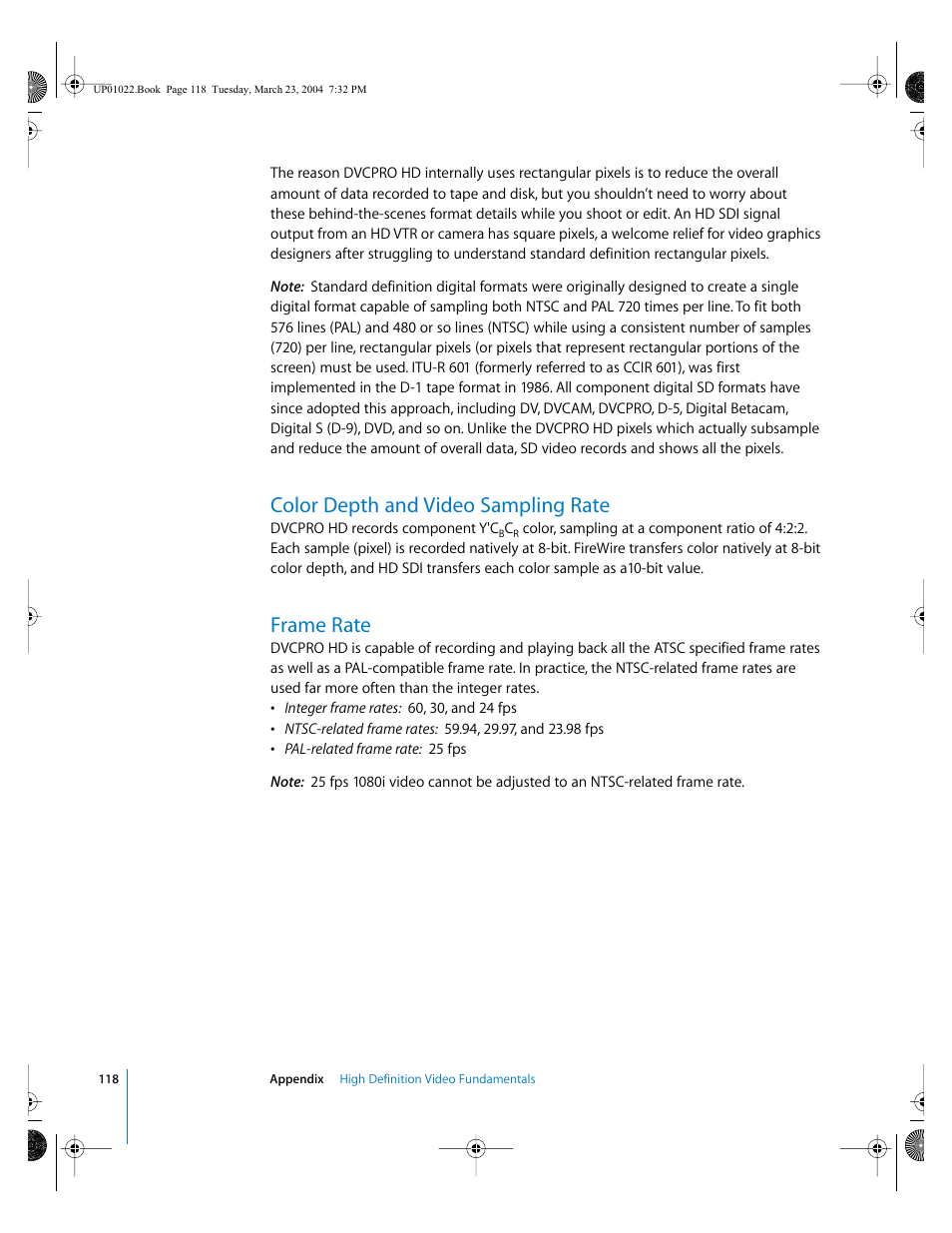 Color depth and video sampling rate, Frame rate | Apple Final Cut Pro HD (4.5): New Features User Manual | Page 118 / 125