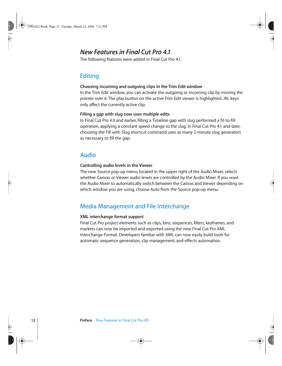New features in final cut pro 4.1, Editing, Audio | Media management and file interchange | Apple Final Cut Pro HD (4.5): New Features User Manual | Page 12 / 125