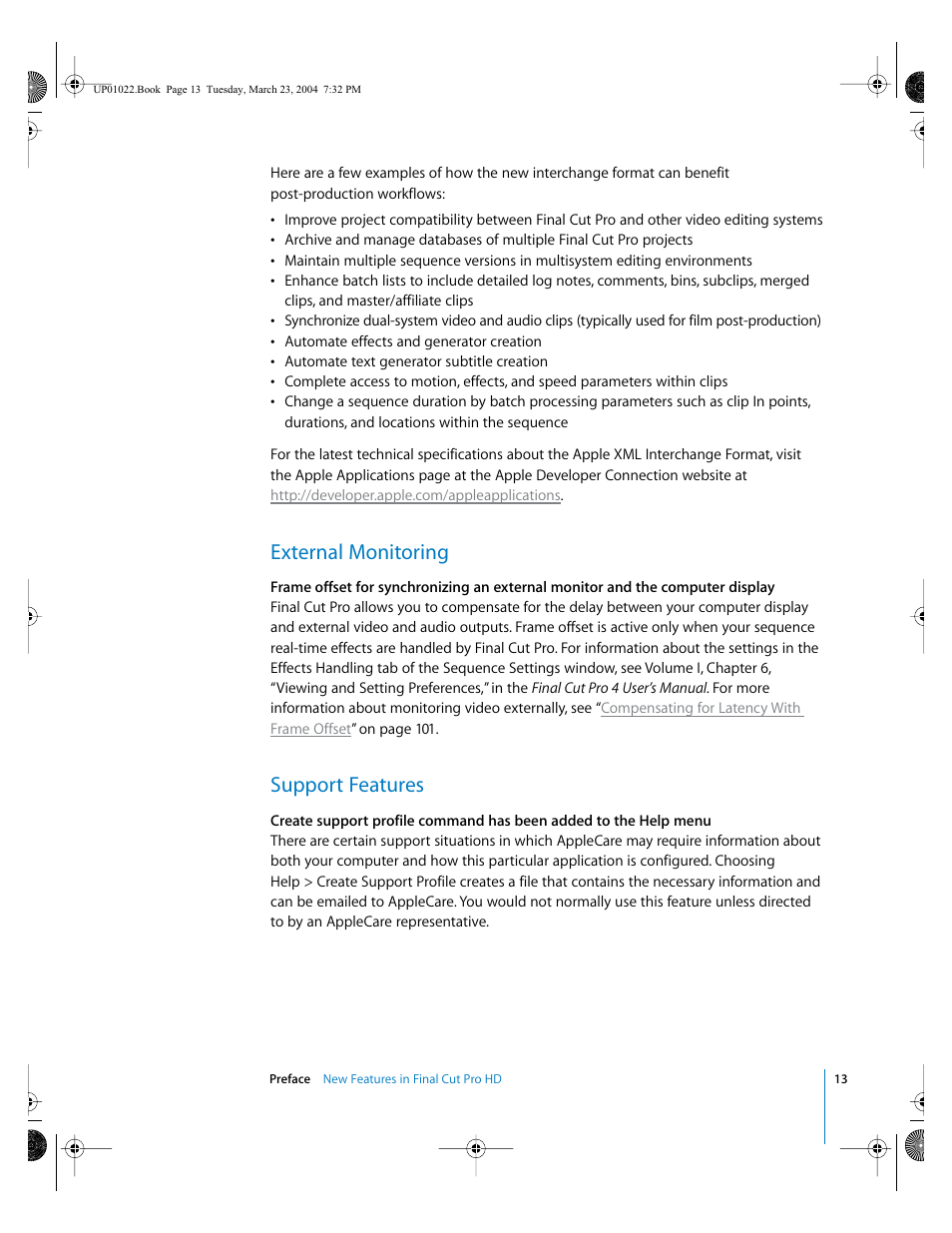 External monitoring, Support features | Apple Final Cut Pro HD (4.5): New Features User Manual | Page 13 / 125