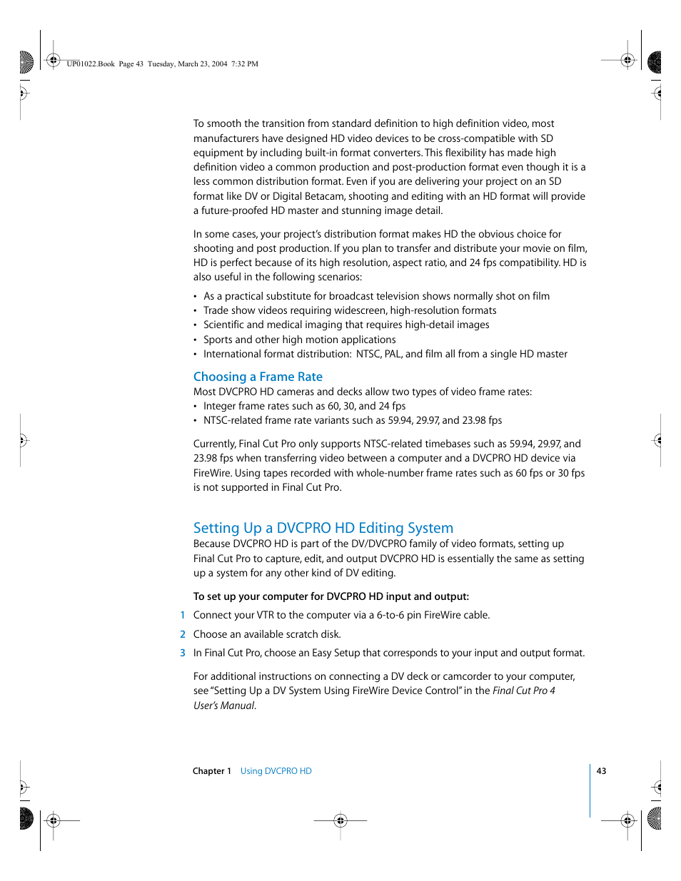 Choosing a frame rate, Setting up a dvcpro hd editing system | Apple Final Cut Pro HD (4.5): New Features User Manual | Page 43 / 125