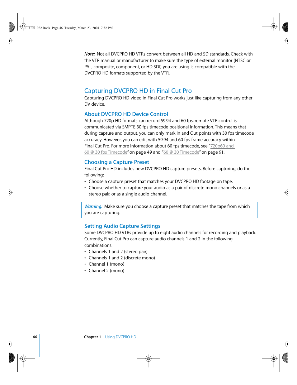 Capturing dvcpro hd in final cut pro, About dvcpro hd device control, Choosing a capture preset | Setting audio capture settings | Apple Final Cut Pro HD (4.5): New Features User Manual | Page 46 / 125